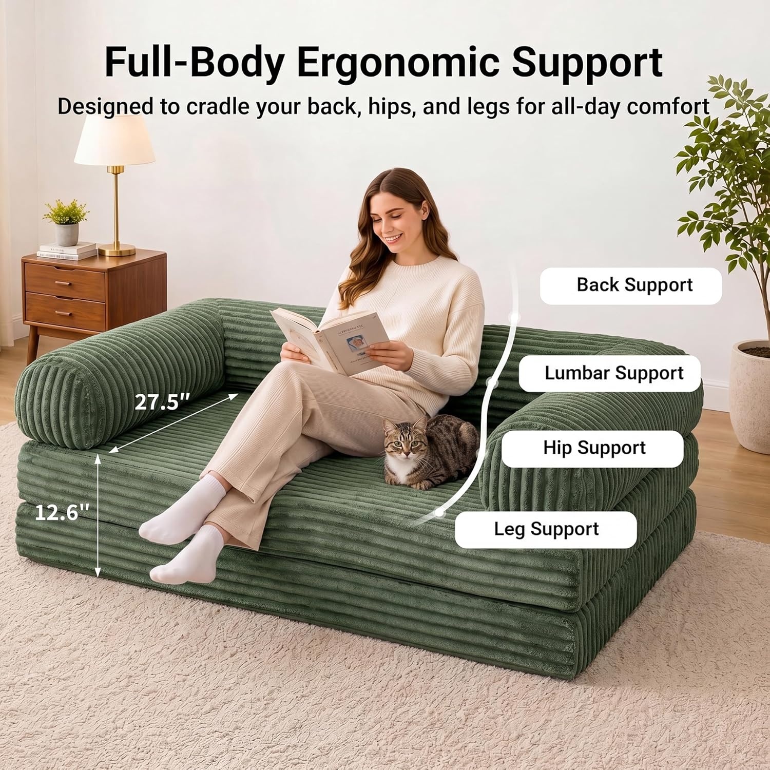 image:imageClaiks 75 Convertible Sofa Bed Corduroy Futon Couch Pull Out Bed No Assembly Boneless Couches for Living Room Bedroom Apartment GreenGrenn