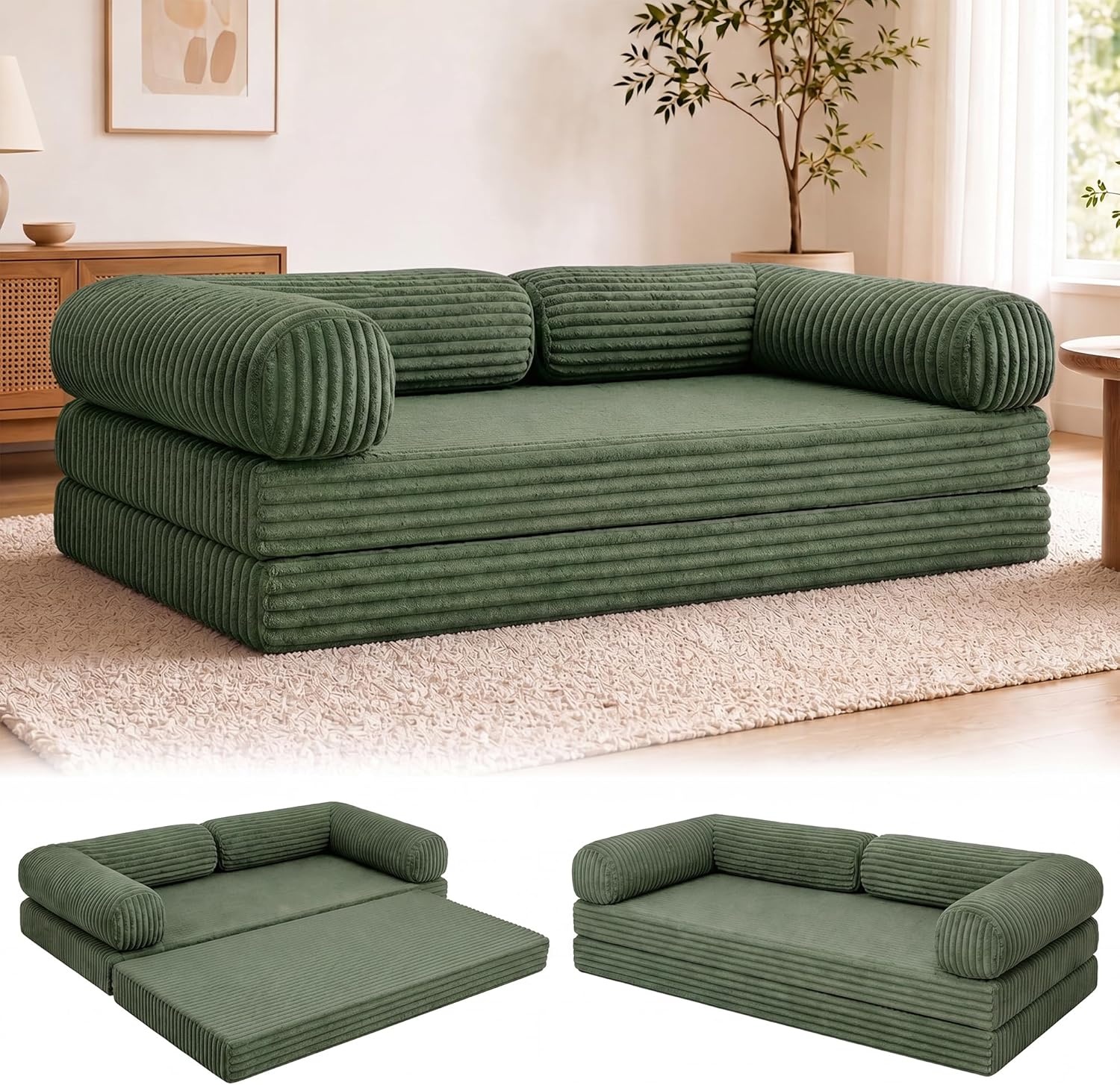 image:imageClaiks 75 Convertible Sofa Bed Corduroy Futon Couch Pull Out Bed No Assembly Boneless Couches for Living Room Bedroom Apartment GreenGrenn