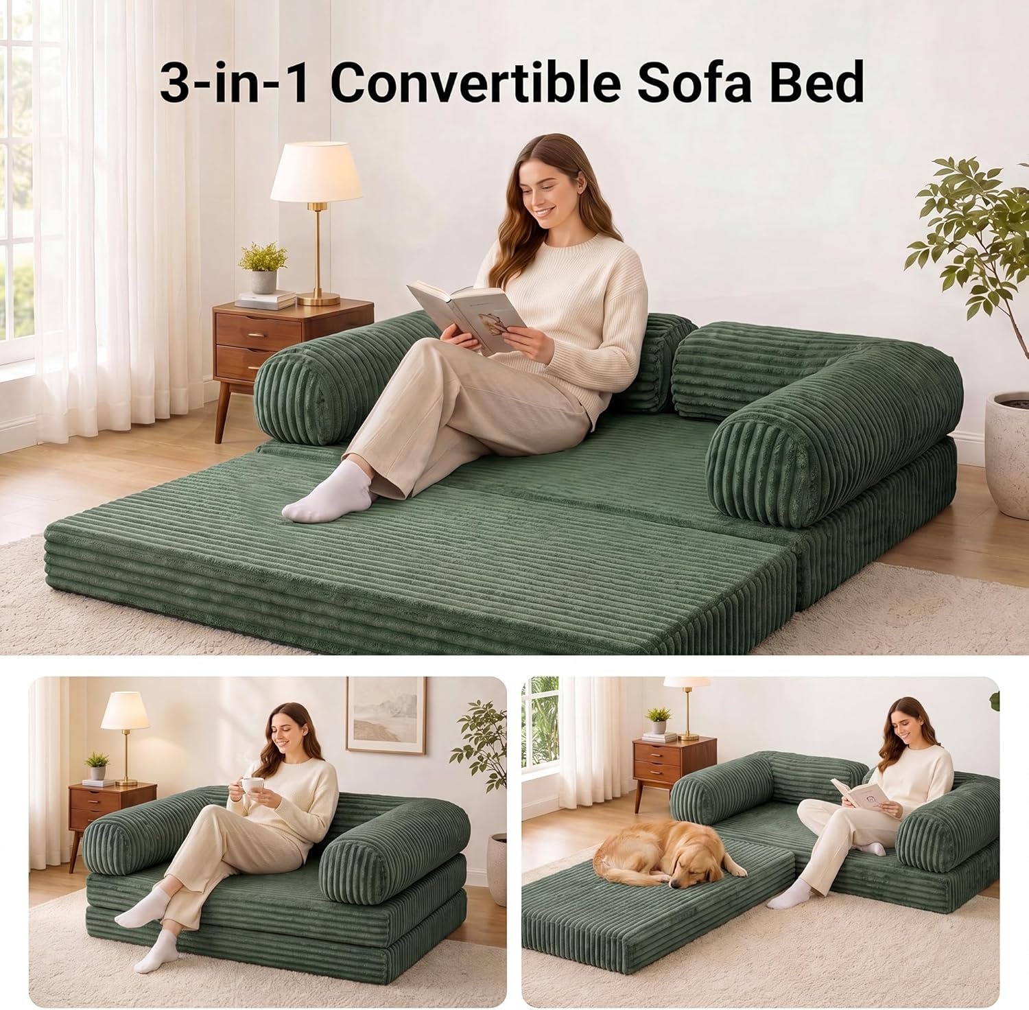 image:imageClaiks 75 Convertible Sofa Bed Corduroy Futon Couch Pull Out Bed No Assembly Boneless Couches for Living Room Bedroom Apartment GreenGrenn