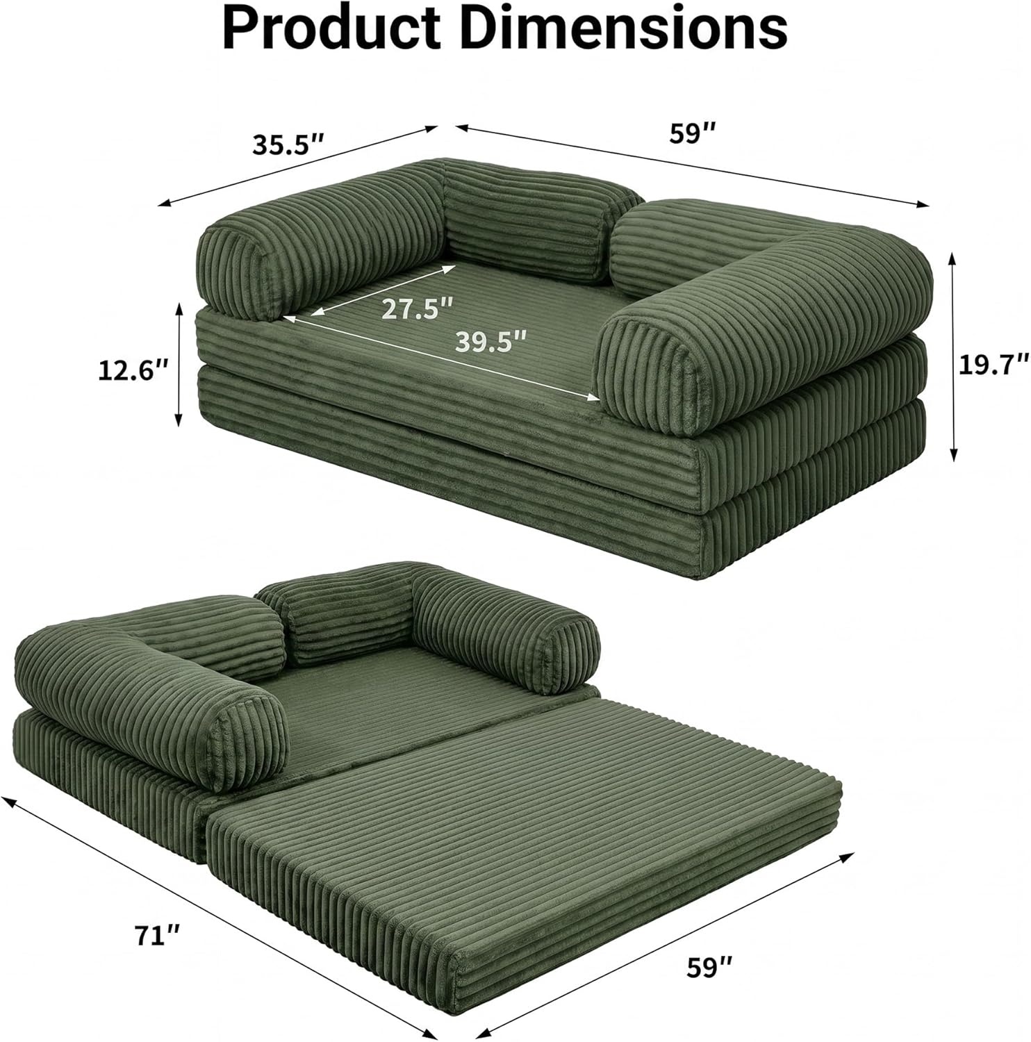 image:imageClaiks 75 Convertible Sofa Bed Corduroy Futon Couch Pull Out Bed No Assembly Boneless Couches for Living Room Bedroom Apartment GreenGrenn