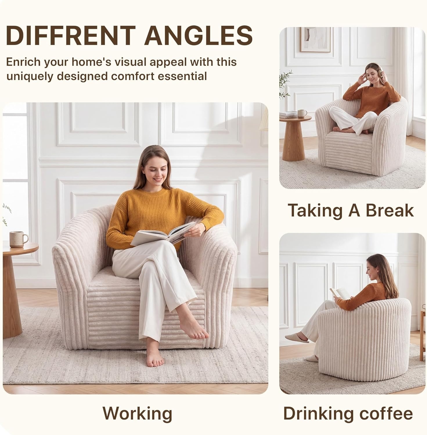 image:imageClaiks Boneless Chair Comfy Cloud Couch Corduroy Single Sofa Oversized Accent Chair for Adults Couches for Living Room Bedroom Apartment Small Spaces PinkBeige