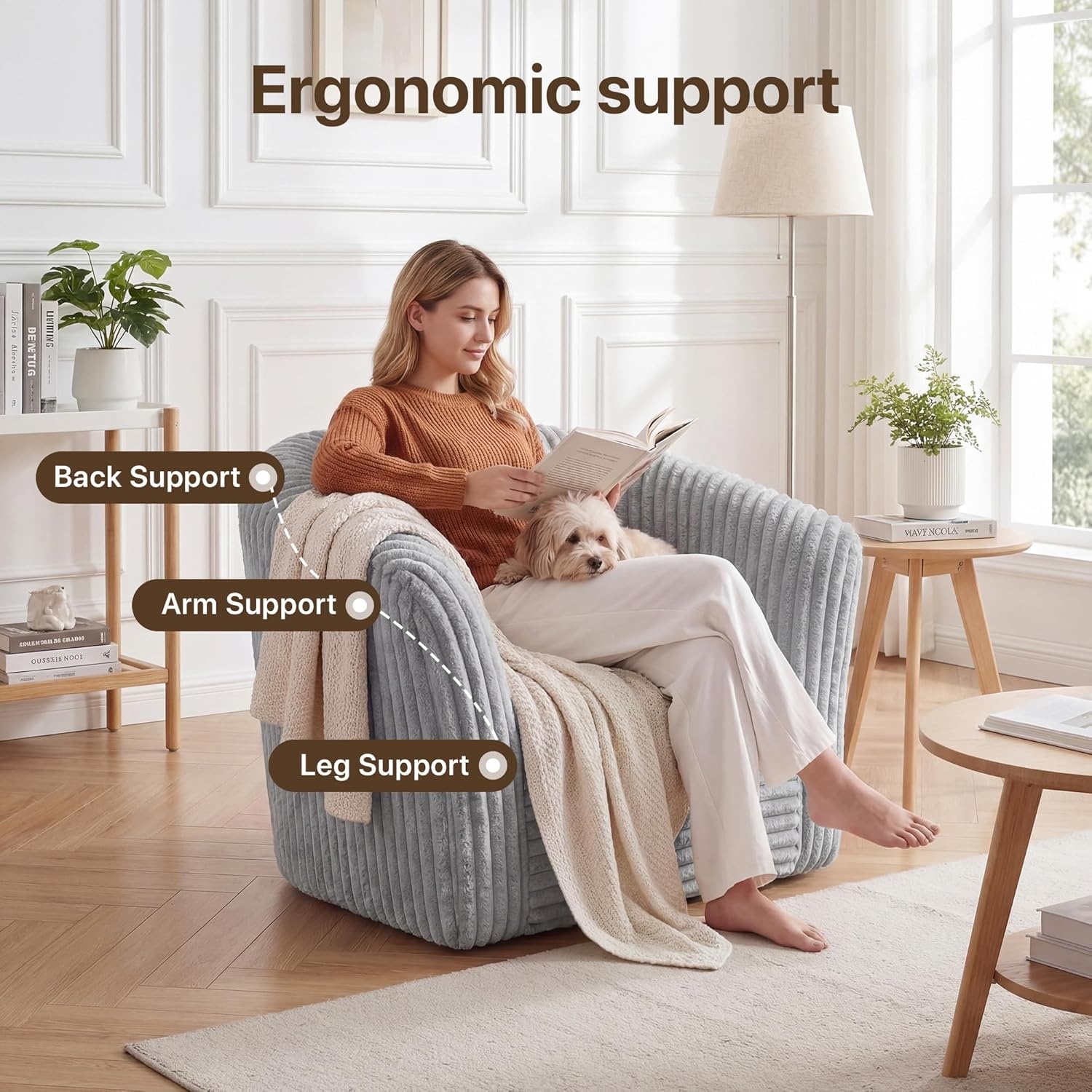 image:imageClaiks Boneless Chair Comfy Cloud Couch Corduroy Single Sofa Oversized Accent Chair for Adults Couches for Living Room Bedroom Apartment Small Spaces PinkLight Gray
