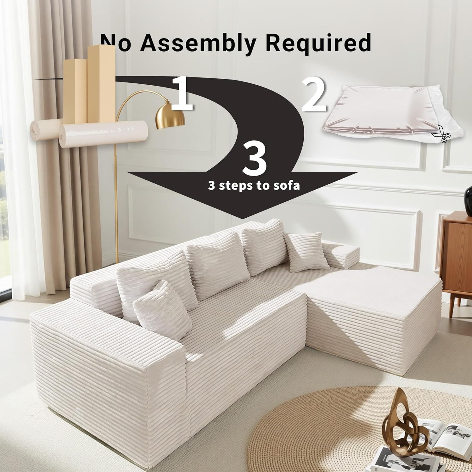 image:imageClaiks Boneless Couch Cloud Couch Sectional LShape Corduroy Modular Sectional Sofa Deep Seat Upholstered Couches for Living Room No Assembly Required Black Right Facing ChaiseBeige