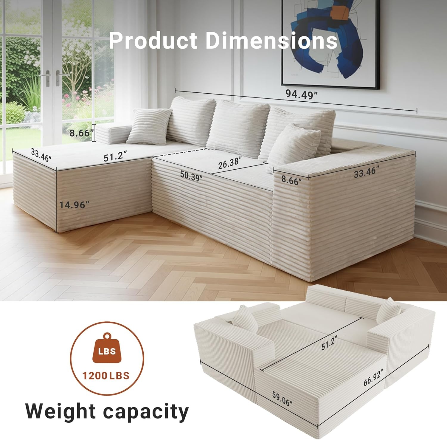image:imageClaiks Boneless Couch Cloud Couch Sectional LShape Corduroy Modular Sectional Sofa Deep Seat Upholstered Couches for Living Room No Assembly Required Black Left Facing ChaiseBeige