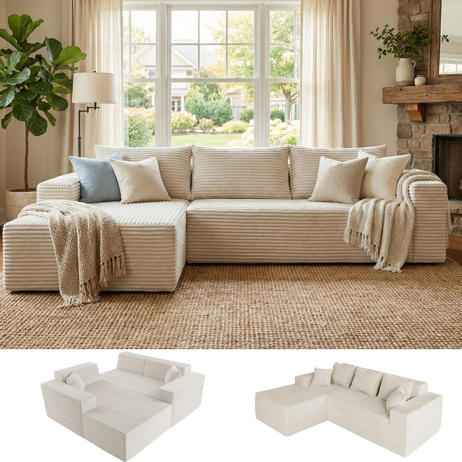 image:imageClaiks Boneless Couch Cloud Couch Sectional LShape Corduroy Modular Sectional Sofa Deep Seat Upholstered Couches for Living Room No Assembly Required Black Left Facing ChaiseBeige