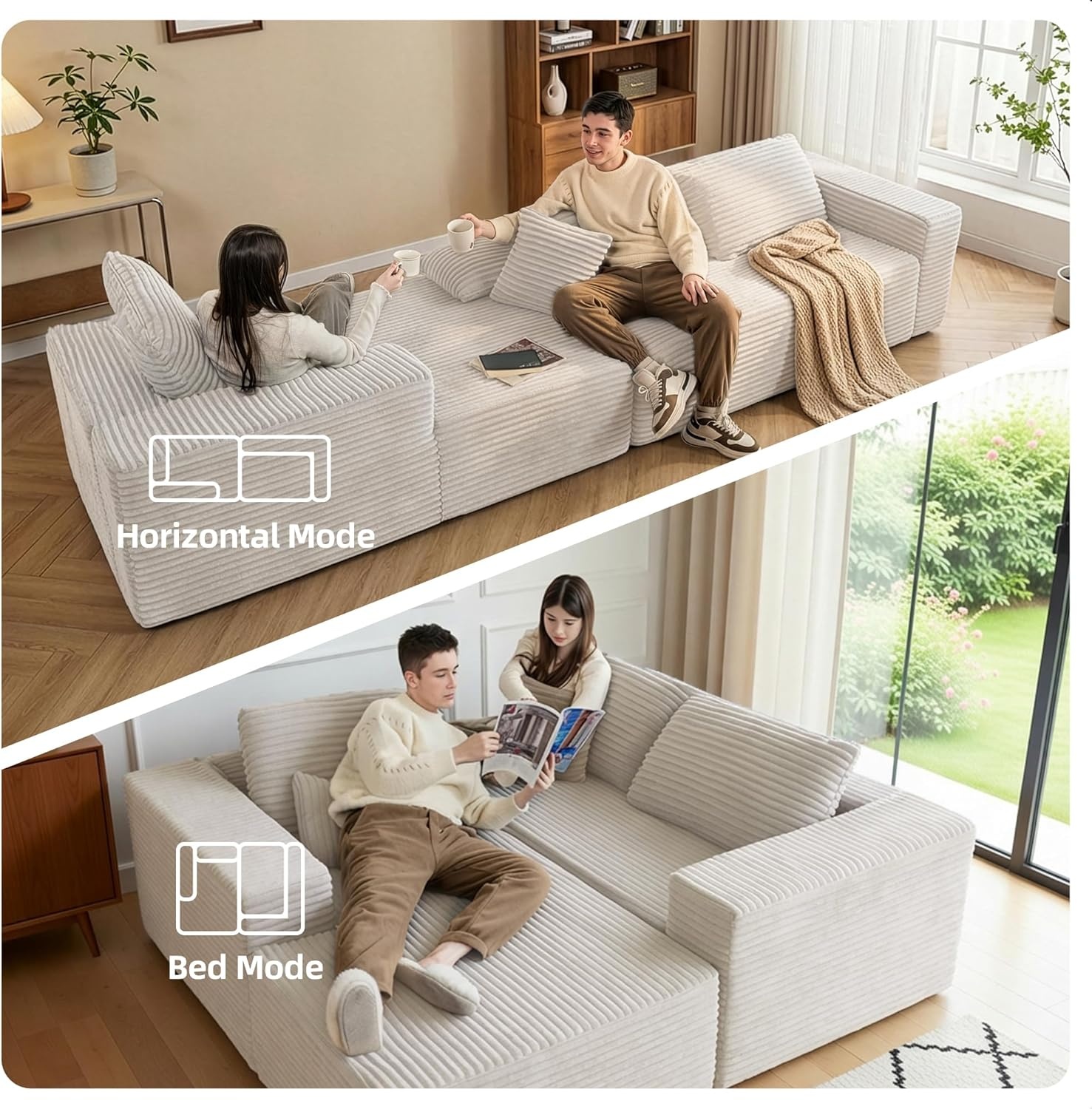 image:imageClaiks Boneless Couch Cloud Couch Sectional LShape Corduroy Modular Sectional Sofa Deep Seat Upholstered Couches for Living Room No Assembly Required Black Right Facing ChaiseBeige