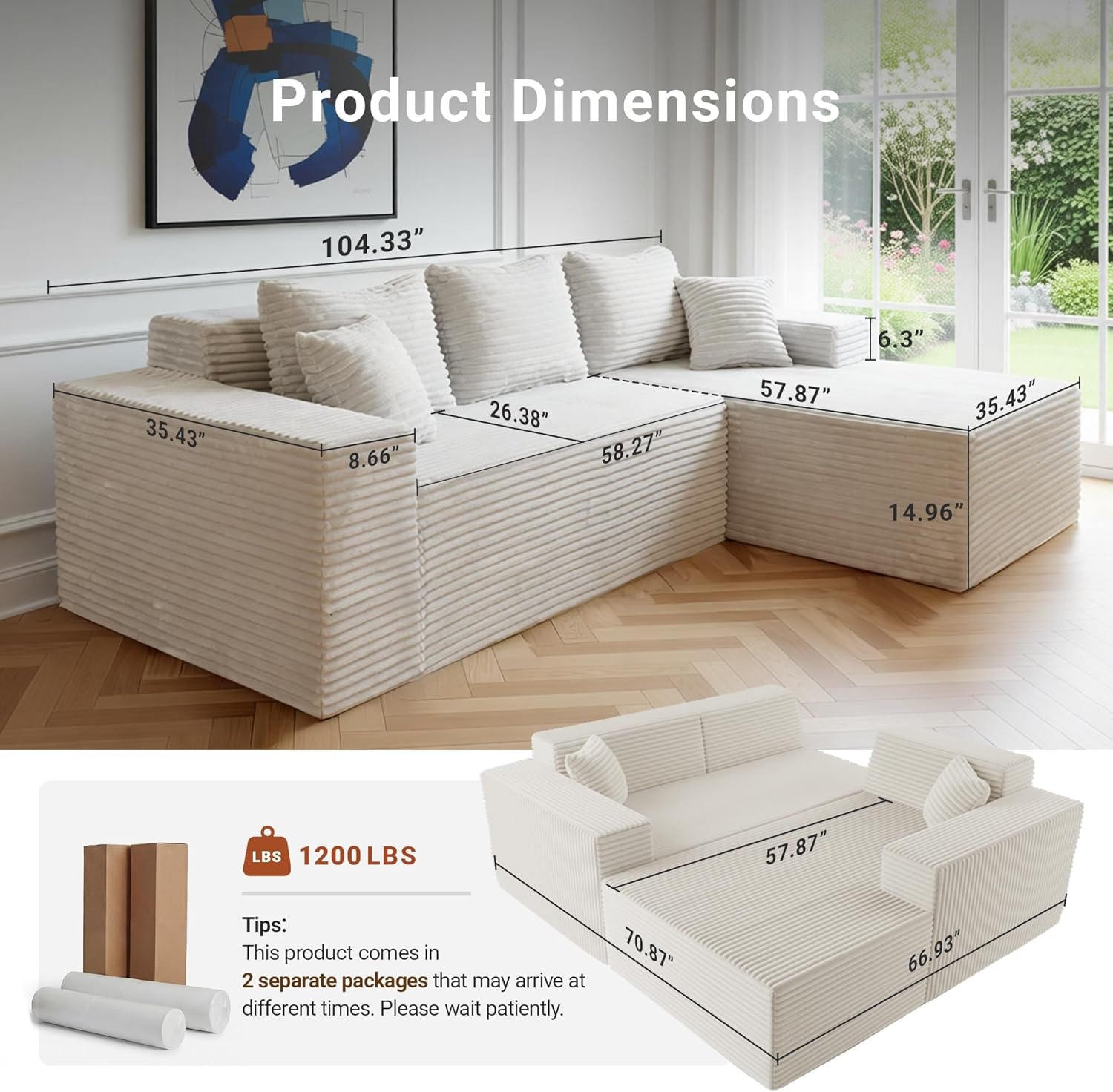 image:imageClaiks Boneless Couch Cloud Couch Sectional LShape Corduroy Modular Sectional Sofa Deep Seat Upholstered Couches for Living Room No Assembly Required Black Right Facing ChaiseBeige