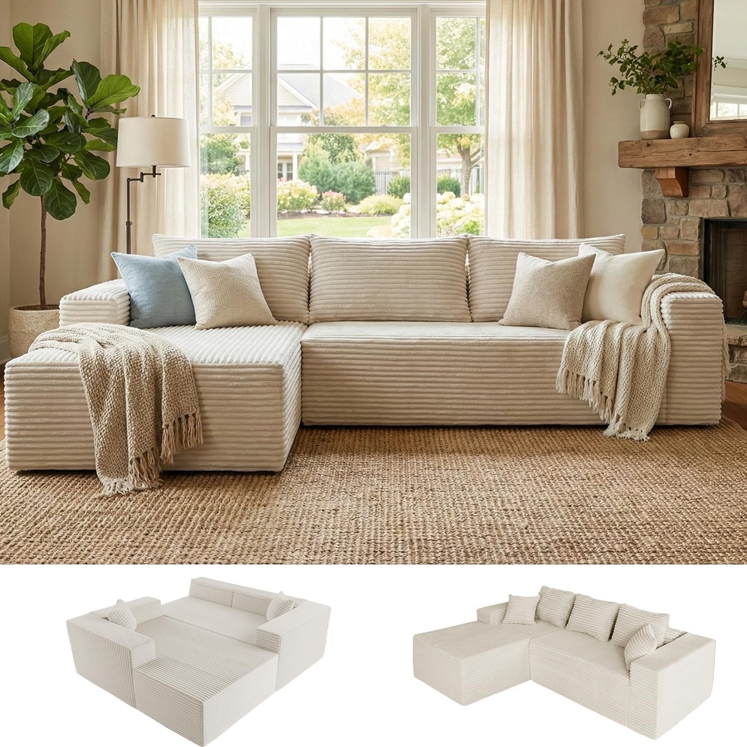 image:imageClaiks Boneless Couch Cloud Couch Sectional LShape Corduroy Modular Sectional Sofa Deep Seat Upholstered Couches for Living Room No Assembly Required Black Right Facing ChaiseBeige