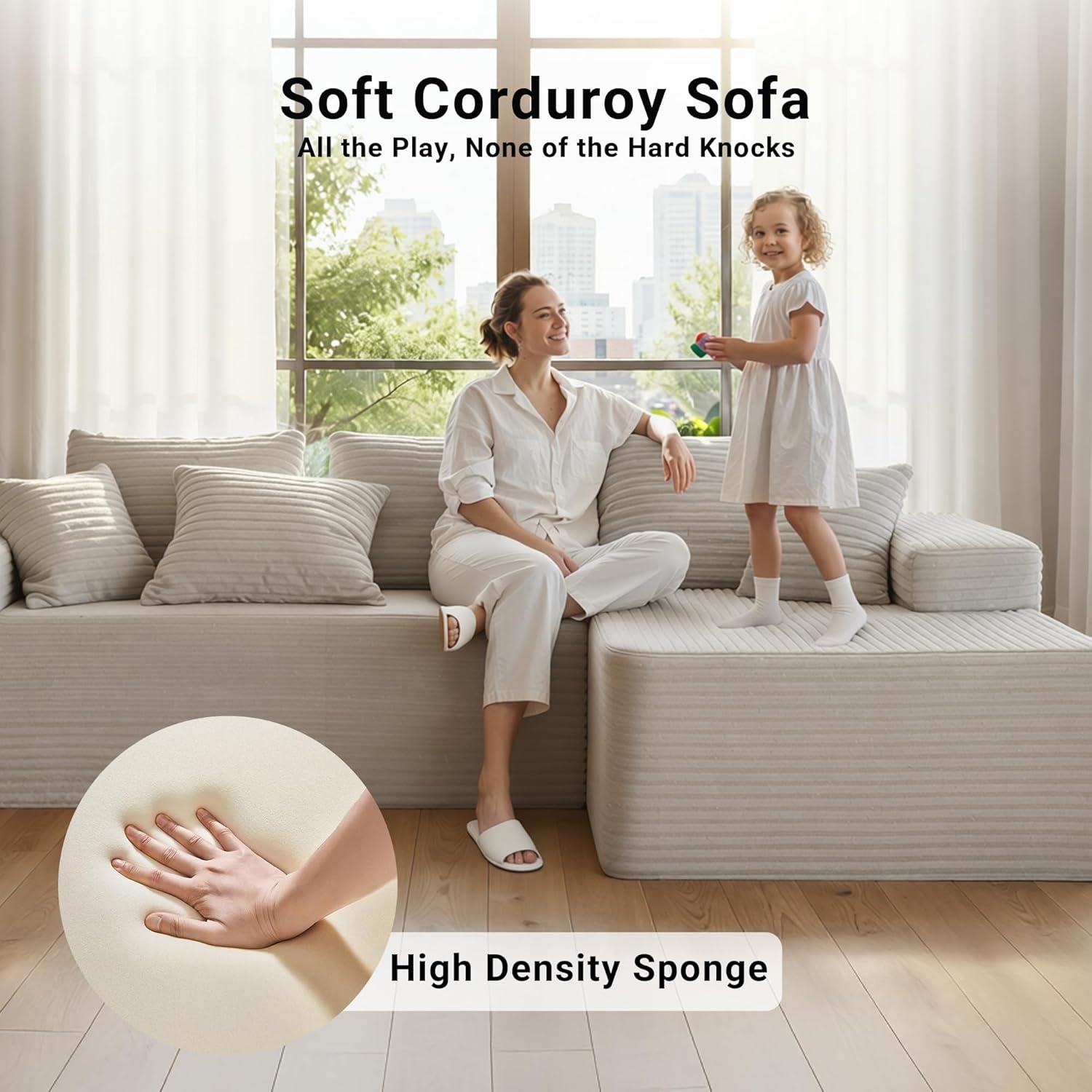 image:imageClaiks Boneless Couch Cloud Couch Sectional LShape Corduroy Modular Sectional Sofa Deep Seat Upholstered Couches for Living Room No Assembly Required Black Left Facing ChaiseBeige