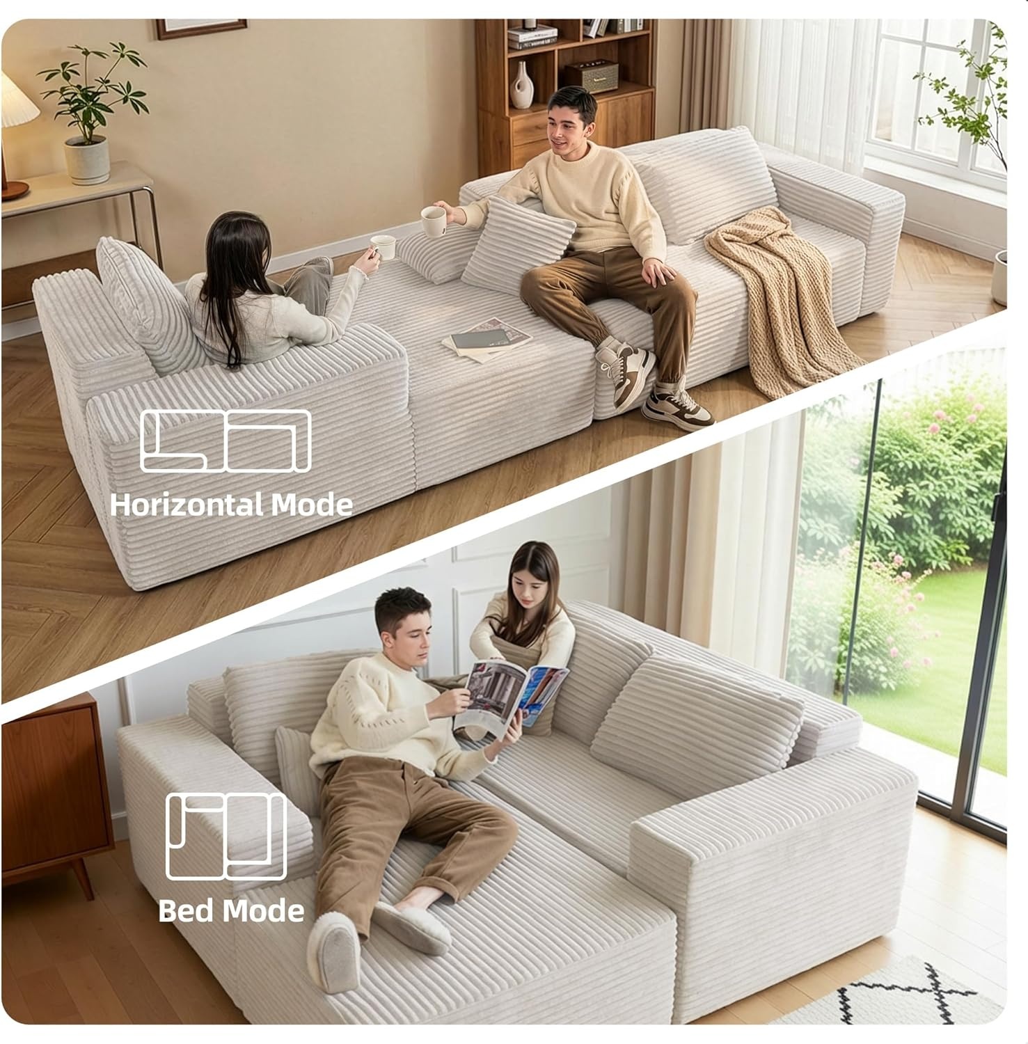 image:imageClaiks Boneless Couch Cloud Couch Sectional LShape Corduroy Modular Sectional Sofa Deep Seat Upholstered Couches for Living Room No Assembly Required Black Right Facing ChaiseBeige
