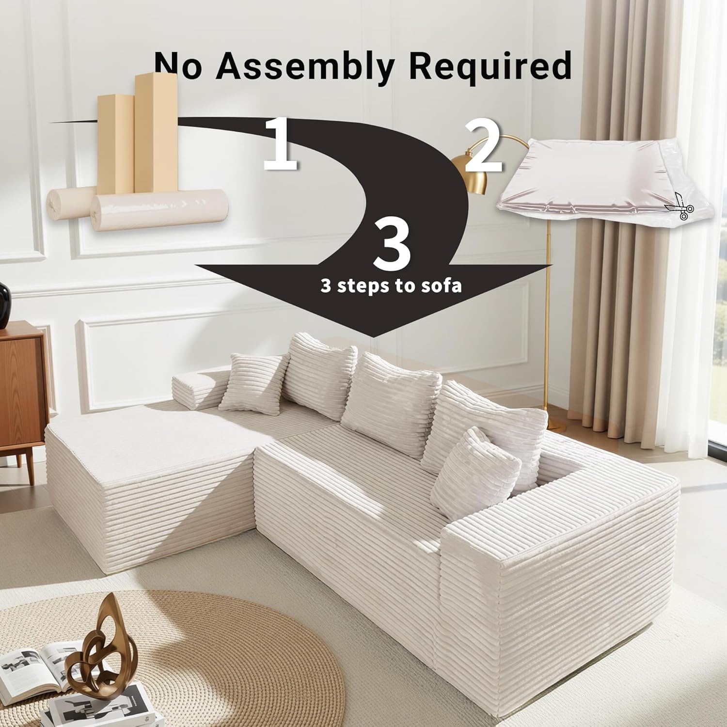 image:imageClaiks Boneless Couch Cloud Couch Sectional LShape Corduroy Modular Sectional Sofa Deep Seat Upholstered Couches for Living Room No Assembly Required Black Left Facing ChaiseBeige