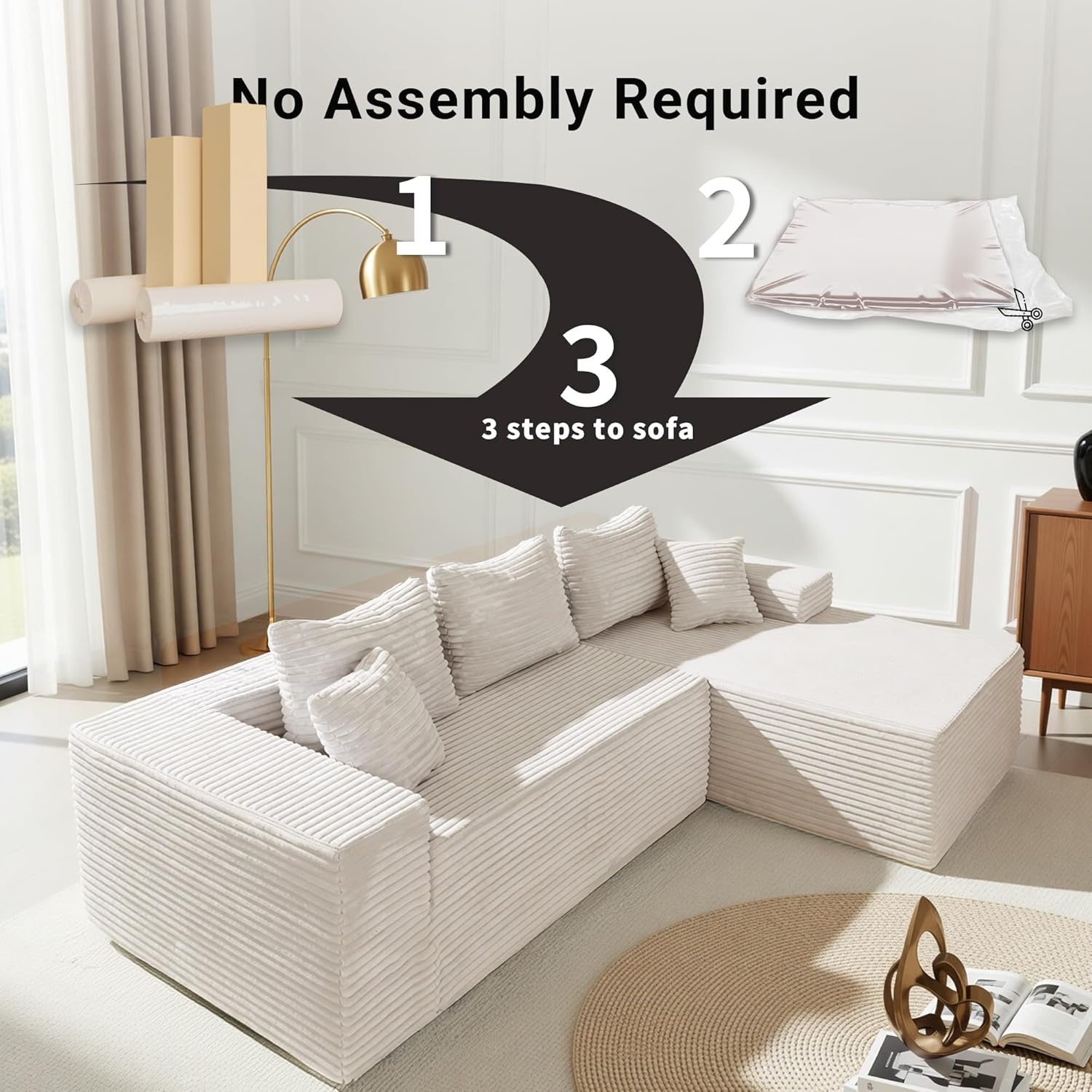 image:imageClaiks Boneless Couch Cloud Couch Sectional LShape Corduroy Modular Sectional Sofa Deep Seat Upholstered Couches for Living Room No Assembly Required Black Left Facing ChaiseBeige