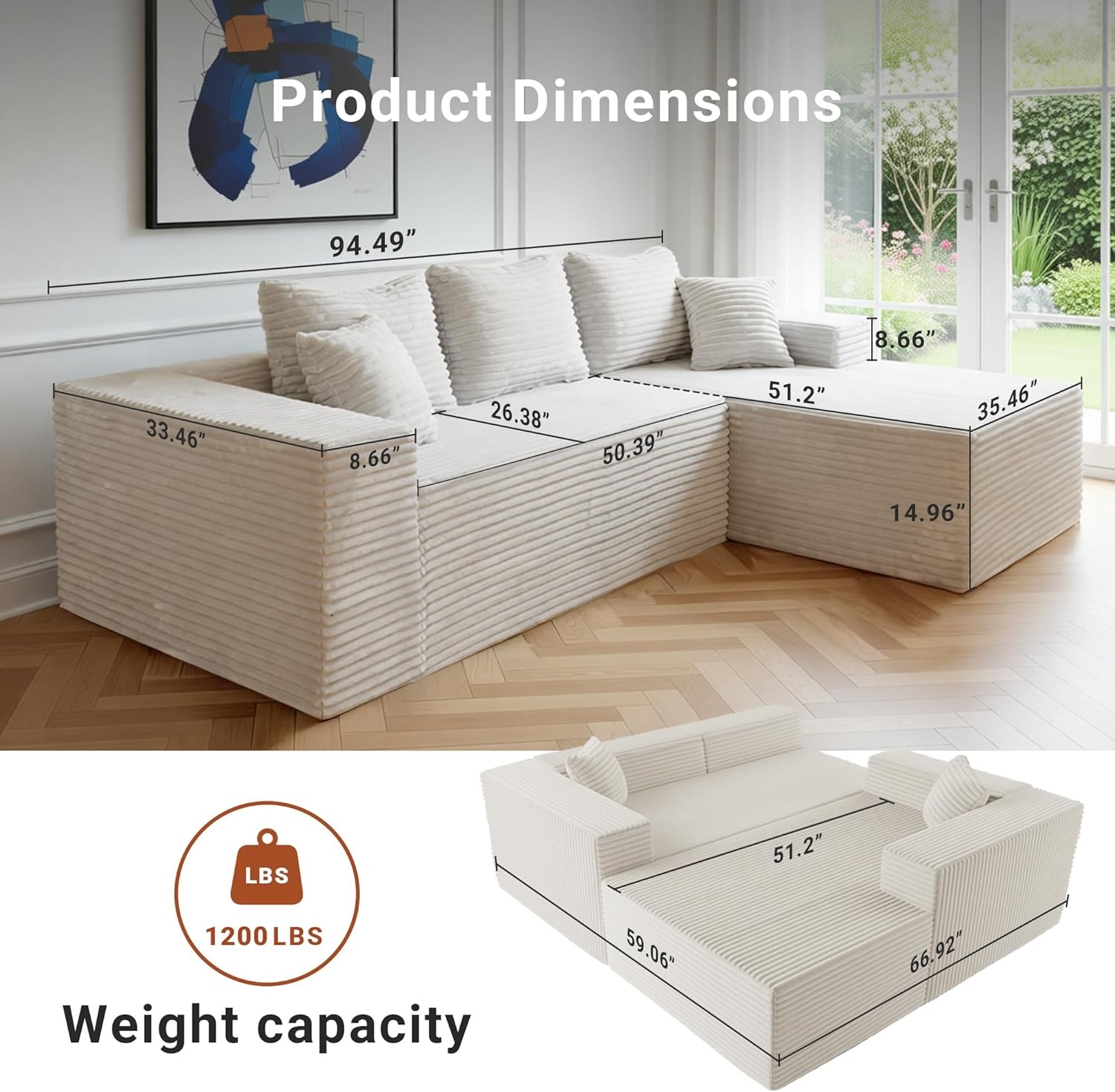 image:imageClaiks Boneless Couch Cloud Couch Sectional LShape Corduroy Modular Sectional Sofa Deep Seat Upholstered Couches for Living Room No Assembly Required Black Right Facing ChaiseBeige