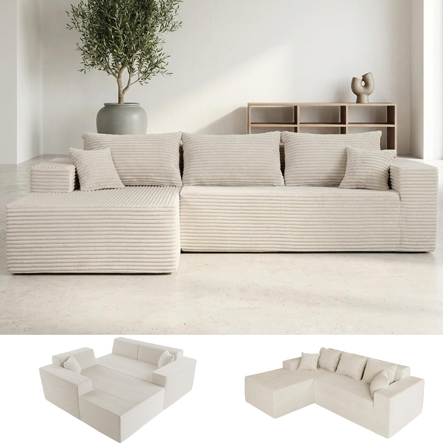 image:imageClaiks Boneless Couch Cloud Couch Sectional LShape Corduroy Modular Sectional Sofa Deep Seat Upholstered Couches for Living Room No Assembly Required Black Right Facing ChaiseBeige