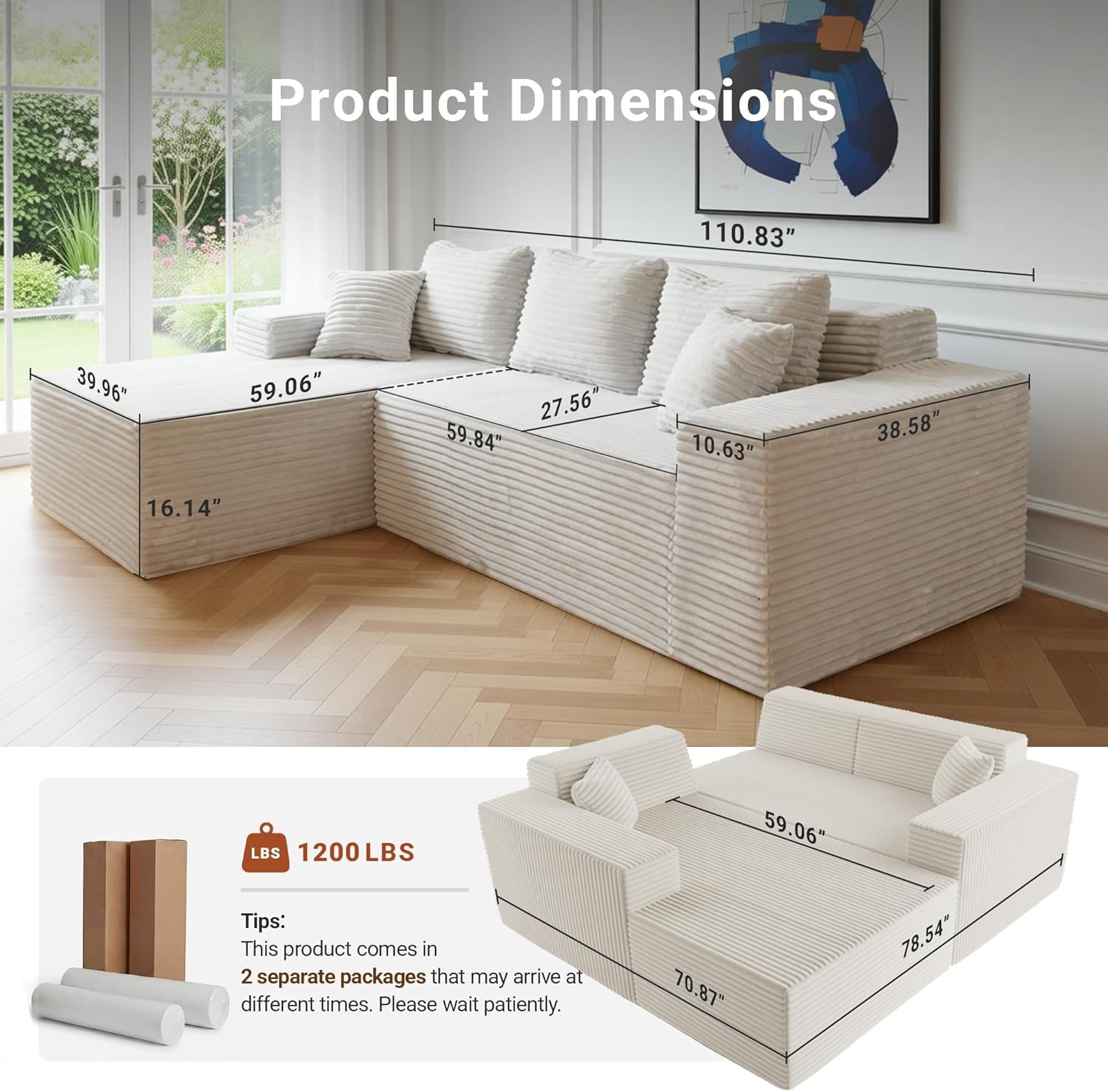 image:imageClaiks Boneless Couch Cloud Couch Sectional LShape Corduroy Modular Sectional Sofa Deep Seat Upholstered Couches for Living Room No Assembly Required Black Right Facing ChaiseBeige
