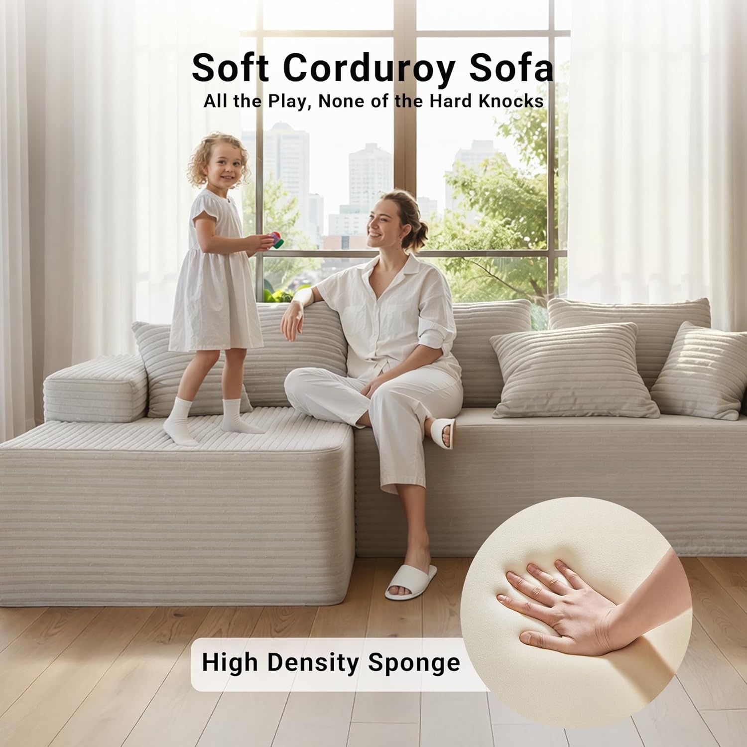 image:imageClaiks Boneless Couch Cloud Couch Sectional LShape Corduroy Modular Sectional Sofa Deep Seat Upholstered Couches for Living Room No Assembly Required Black Right Facing ChaiseBeige