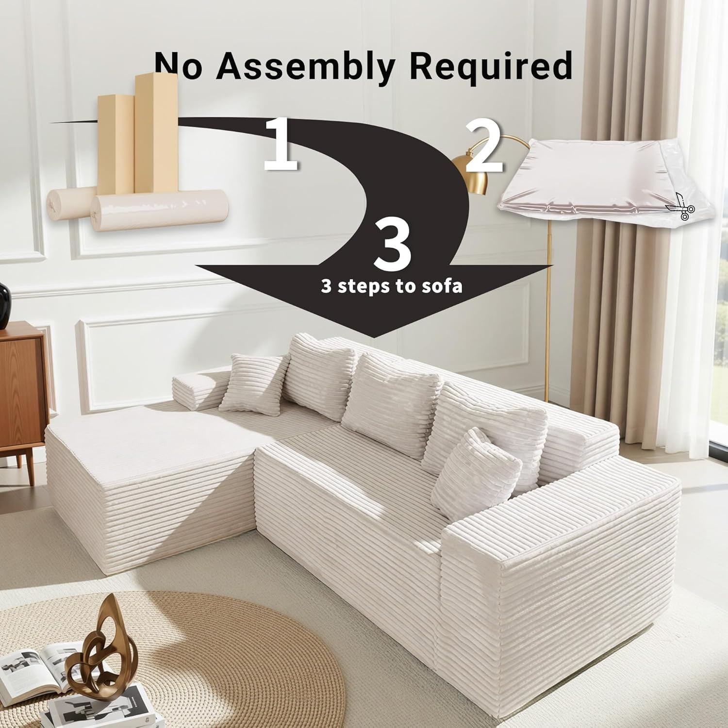 image:imageClaiks Boneless Couch Cloud Couch Sectional LShape Corduroy Modular Sectional Sofa Deep Seat Upholstered Couches for Living Room No Assembly Required Black Right Facing ChaiseBeige