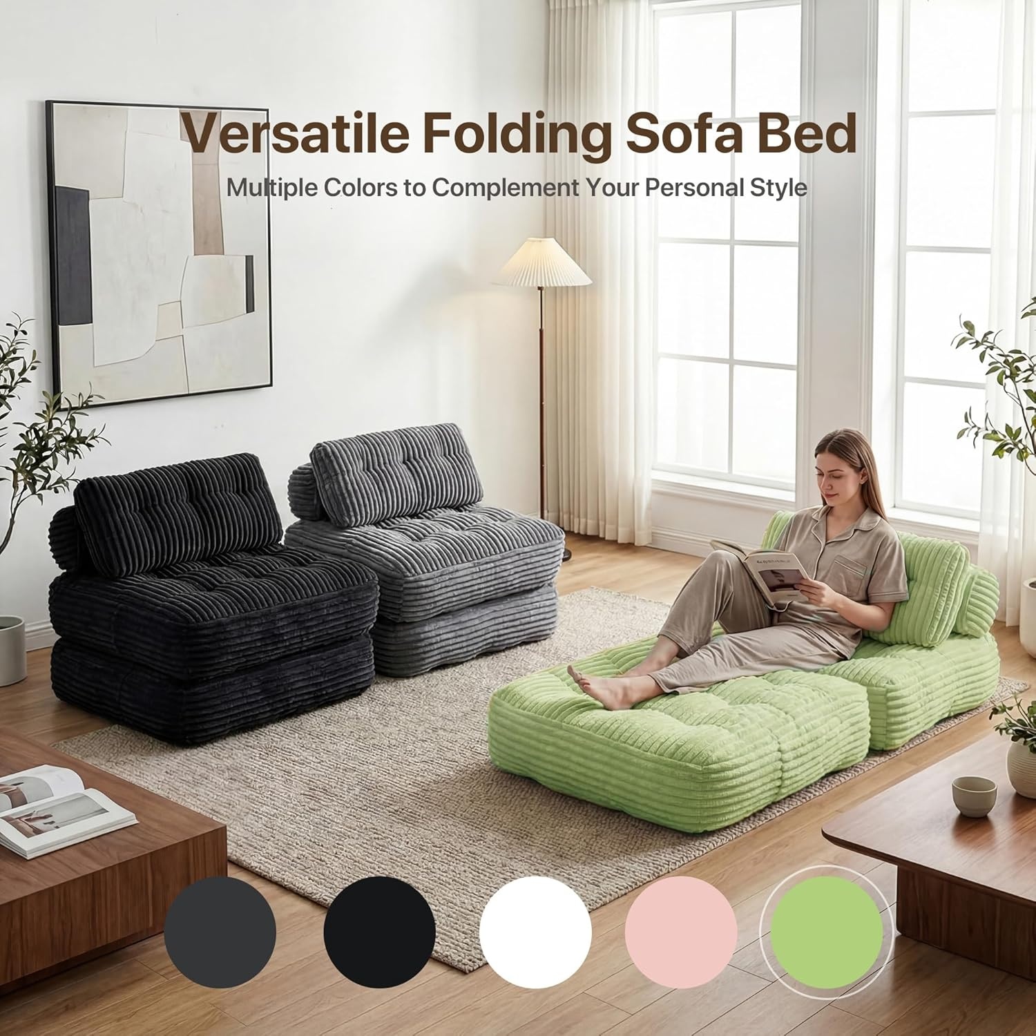 image:imageClaiks Folding Sofa Bed Boneless Chair with Pillow Sleeper Sofa with Back Support Sleeper Chair Portable Fold Out Chair Bed Comfy Foldable Mattress for Living Room Pink SingleGreen