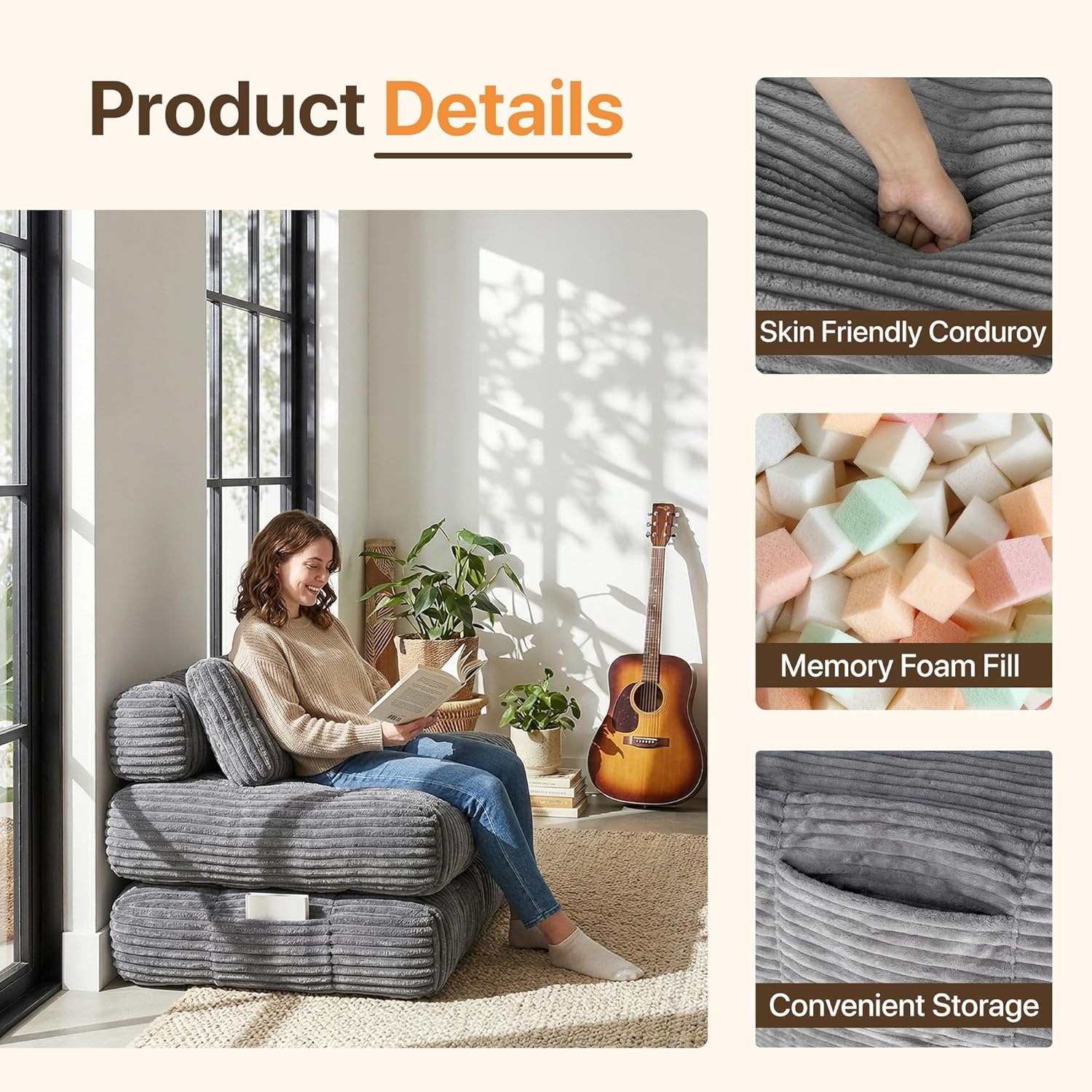 image:imageClaiks Folding Sofa Bed Boneless Chair with Pillow Sleeper Sofa with Back Support Sleeper Chair Portable Fold Out Chair Bed Comfy Foldable Mattress for Living Room Pink SingleDark Grey