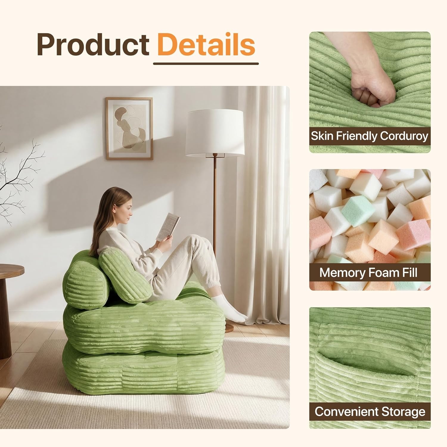 image:imageClaiks Folding Sofa Bed Boneless Chair with Pillow Sleeper Sofa with Back Support Sleeper Chair Portable Fold Out Chair Bed Comfy Foldable Mattress for Living Room Pink SingleGreen