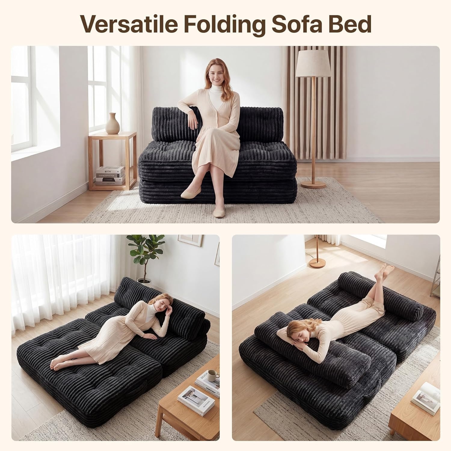 image:imageClaiks Folding Sofa Bed Boneless Chair with Pillow Sleeper Sofa with Back Support Sleeper Chair Portable Fold Out Chair Bed Comfy Foldable Mattress for Living Room Pink SingleBlack