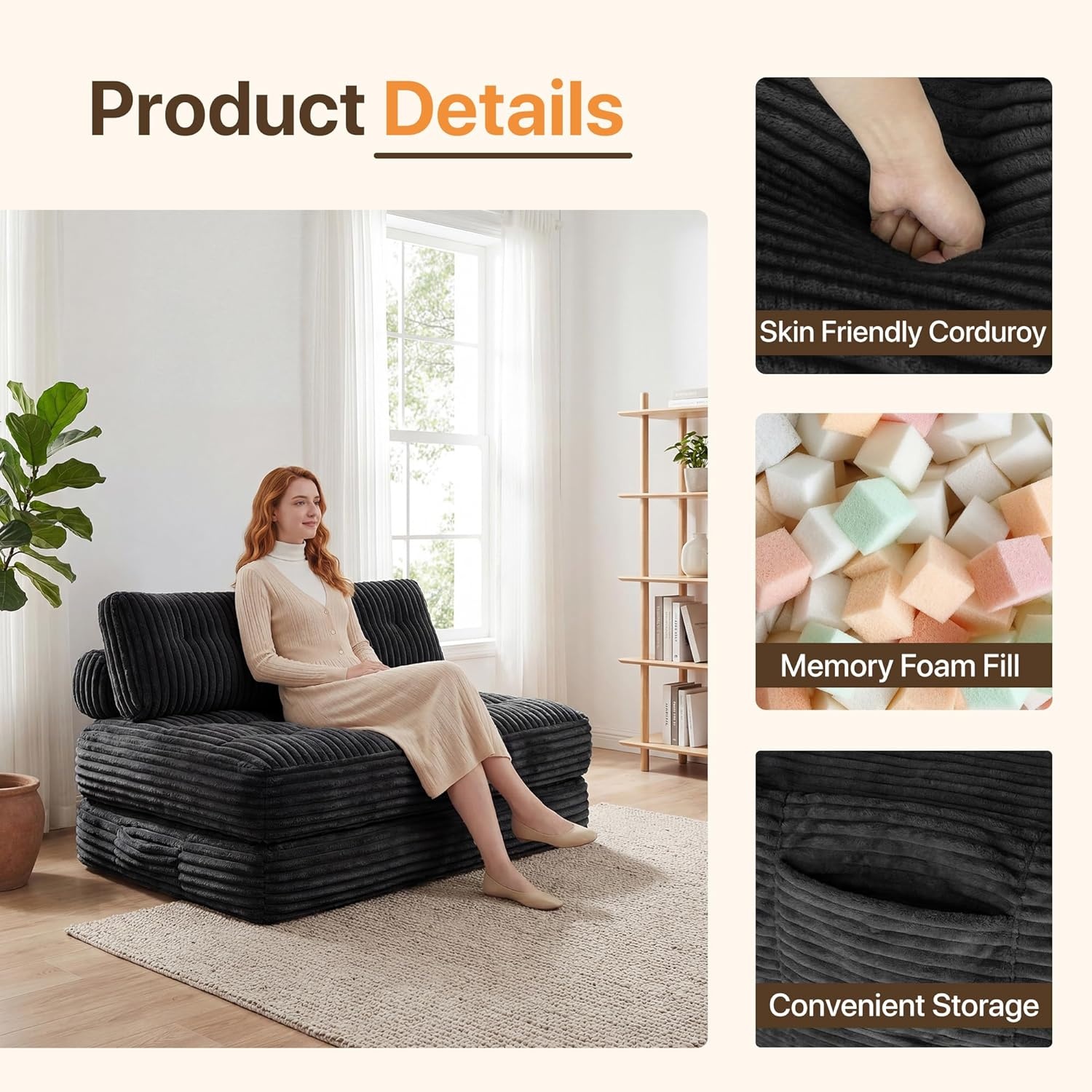 image:imageClaiks Folding Sofa Bed Boneless Chair with Pillow Sleeper Sofa with Back Support Sleeper Chair Portable Fold Out Chair Bed Comfy Foldable Mattress for Living Room Pink SingleBlack