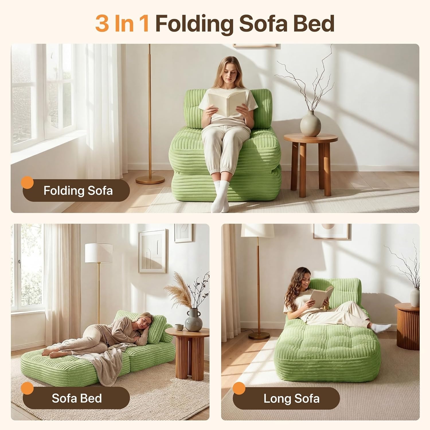 image:imageClaiks Folding Sofa Bed Boneless Chair with Pillow Sleeper Sofa with Back Support Sleeper Chair Portable Fold Out Chair Bed Comfy Foldable Mattress for Living Room Pink SingleGreen