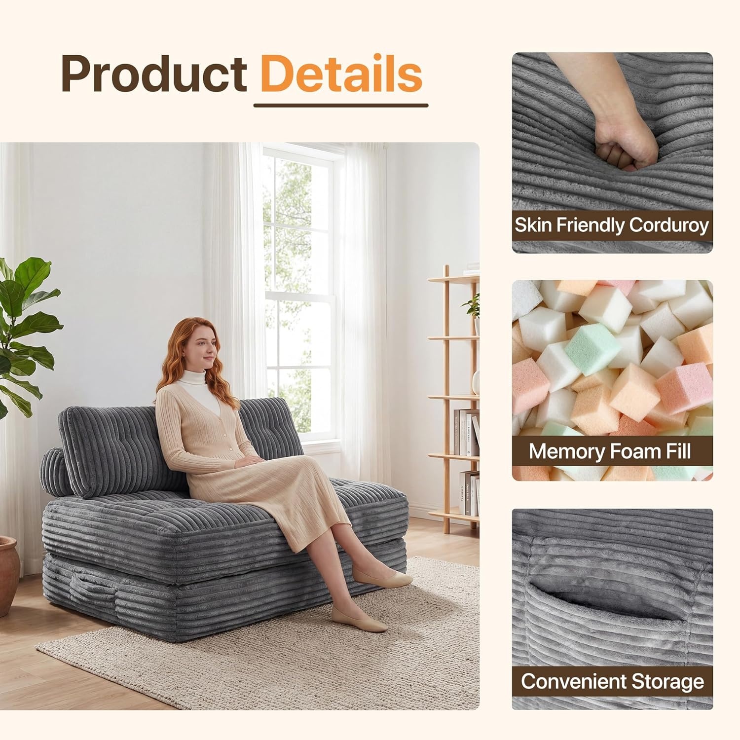 image:imageClaiks Folding Sofa Bed Boneless Chair with Pillow Sleeper Sofa with Back Support Sleeper Chair Portable Fold Out Chair Bed Comfy Foldable Mattress for Living Room Pink SingleDark Grey