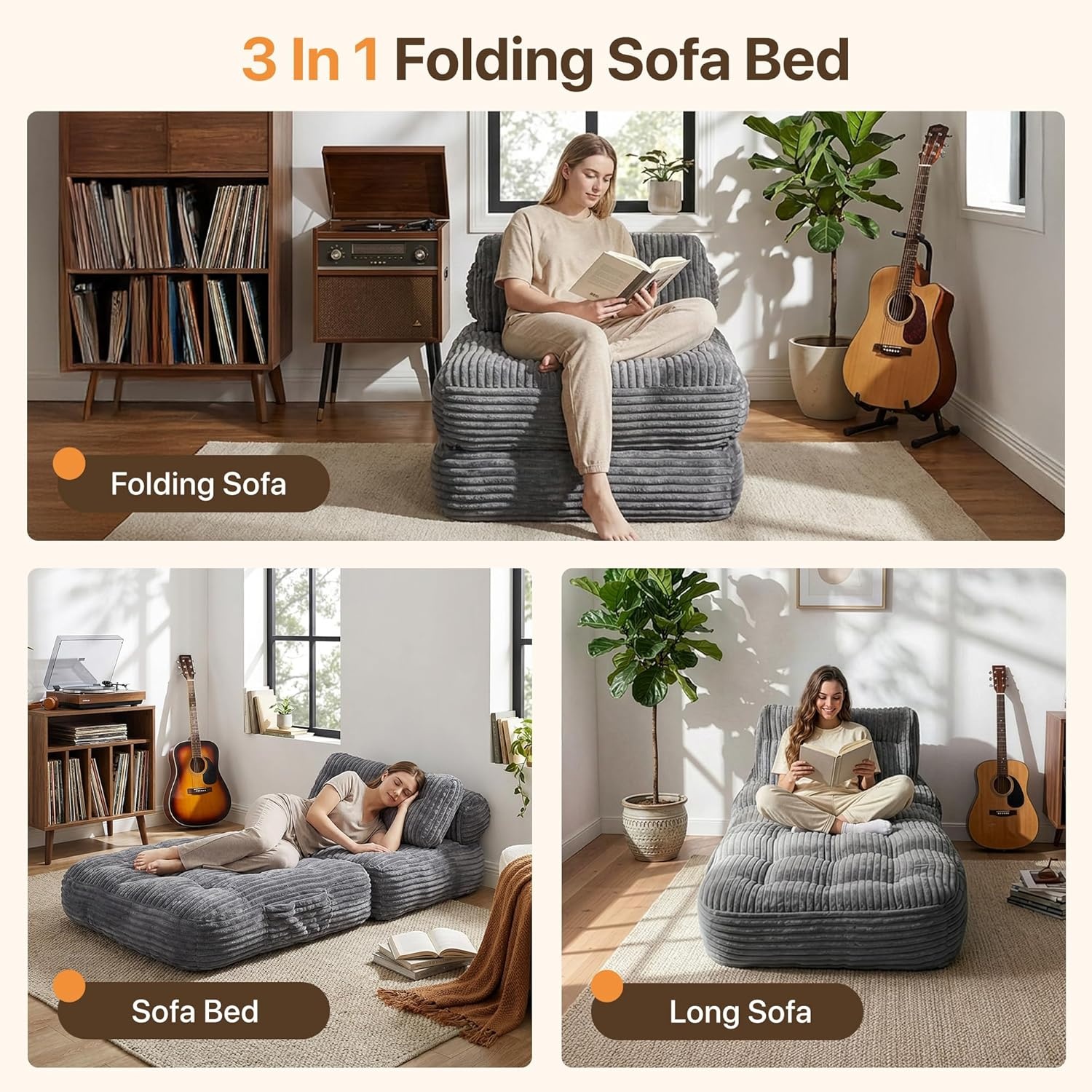image:imageClaiks Folding Sofa Bed Boneless Chair with Pillow Sleeper Sofa with Back Support Sleeper Chair Portable Fold Out Chair Bed Comfy Foldable Mattress for Living Room Pink SingleDark Grey