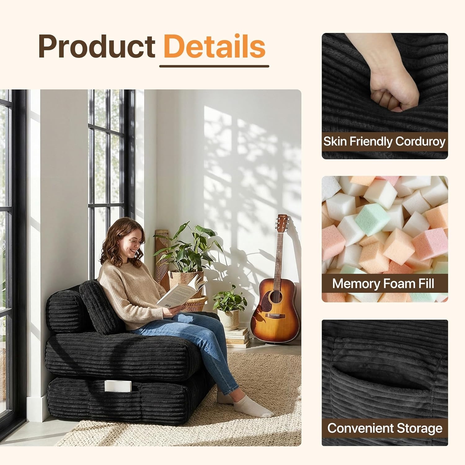 image:imageClaiks Folding Sofa Bed Boneless Chair with Pillow Sleeper Sofa with Back Support Sleeper Chair Portable Fold Out Chair Bed Comfy Foldable Mattress for Living Room Pink SingleBlack