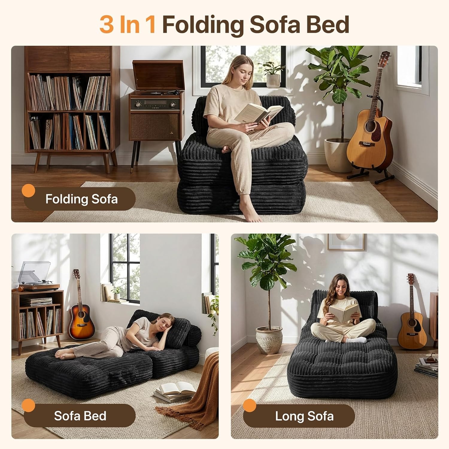 image:imageClaiks Folding Sofa Bed Boneless Chair with Pillow Sleeper Sofa with Back Support Sleeper Chair Portable Fold Out Chair Bed Comfy Foldable Mattress for Living Room Pink SingleBlack