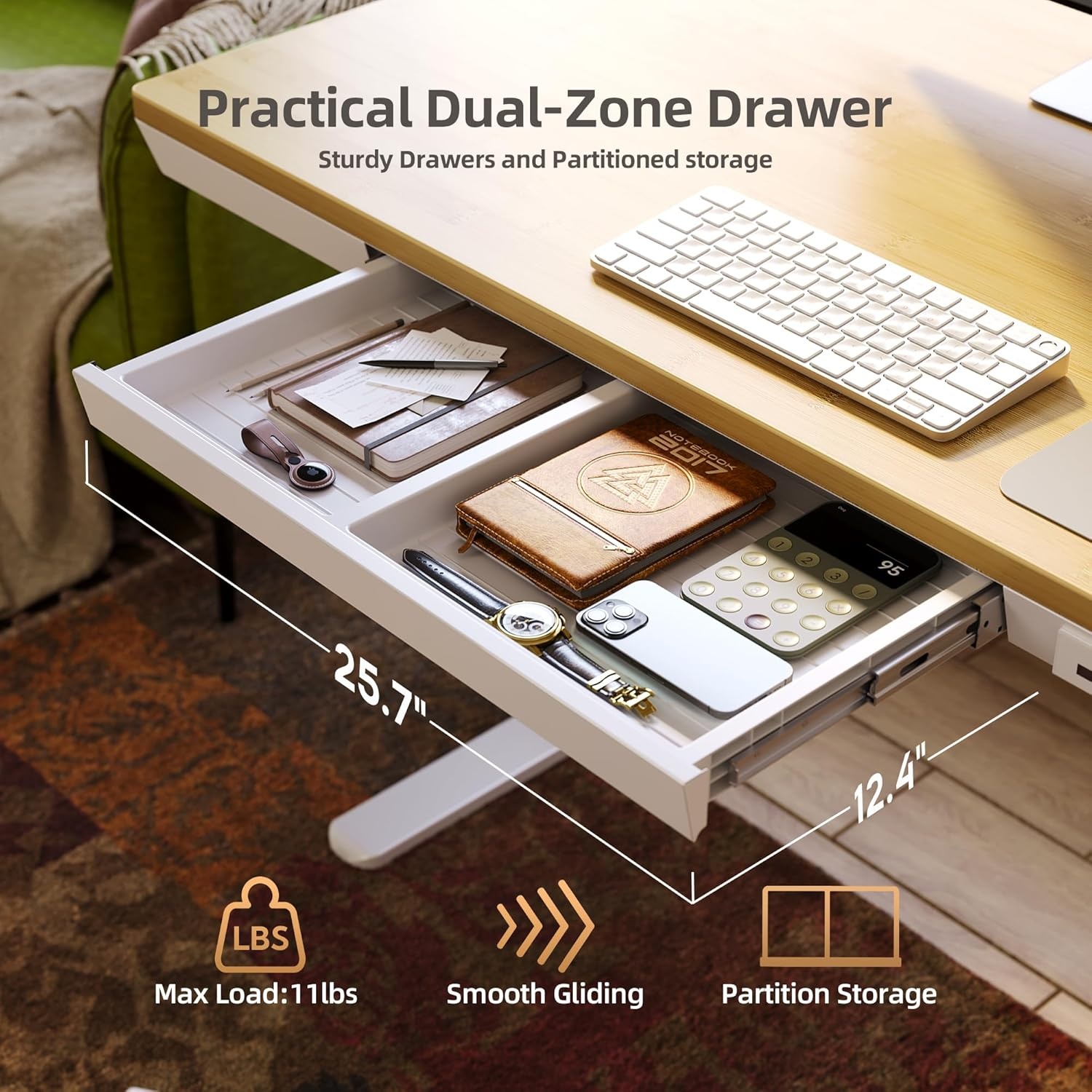 image:imageClaiks Glass Standing Desk with Drawers 4824 Inch Adjustable Stand Up Desk Quick Install Home Office Computer Desk with USB Ports WhiteBamboo
