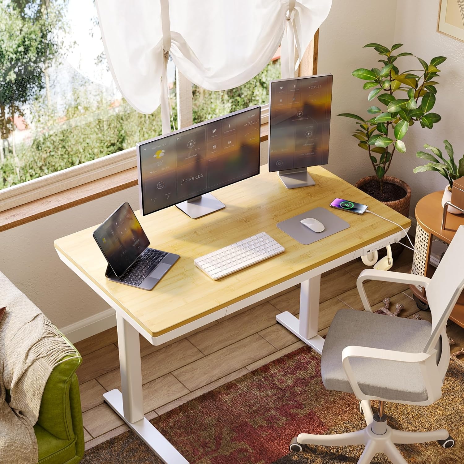image:imageClaiks Glass Standing Desk with Drawers 4824 Inch Adjustable Stand Up Desk Quick Install Home Office Computer Desk with USB Ports WhiteBamboo