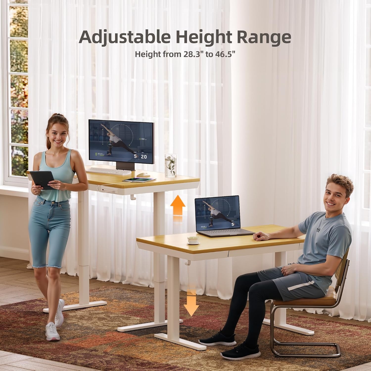 image:imageClaiks Glass Standing Desk with Drawers 4824 Inch Adjustable Stand Up Desk Quick Install Home Office Computer Desk with USB Ports WhiteBamboo