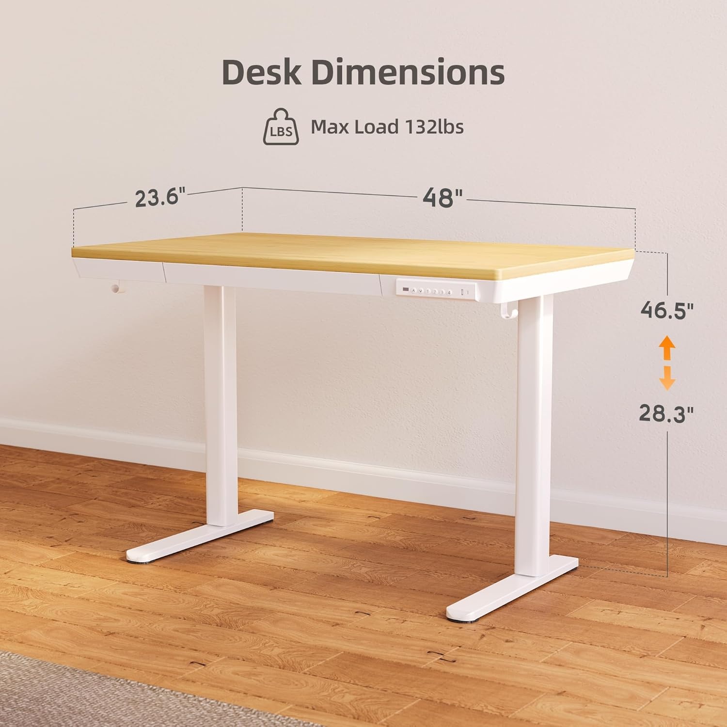 image:imageClaiks Glass Standing Desk with Drawers 4824 Inch Adjustable Stand Up Desk Quick Install Home Office Computer Desk with USB Ports WhiteBamboo
