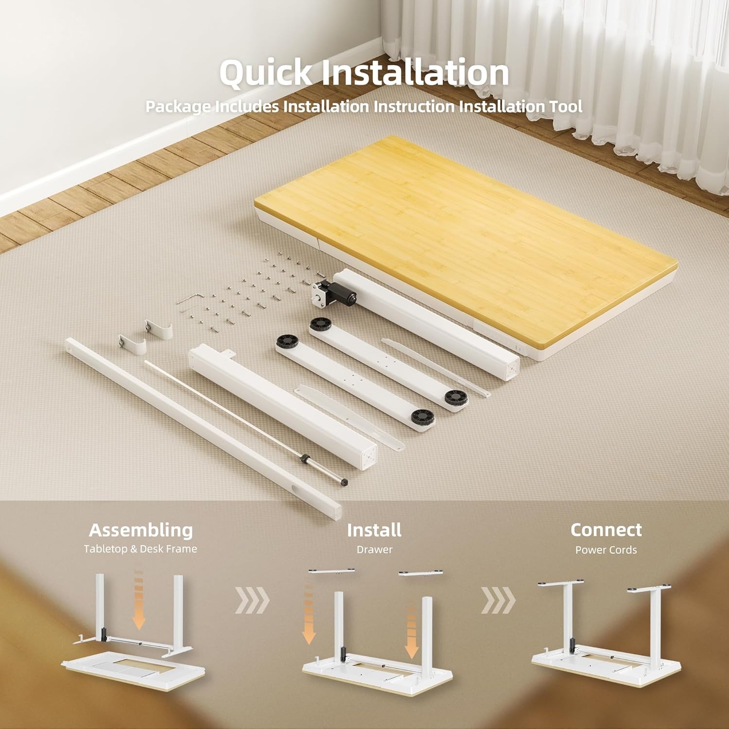 image:imageClaiks Glass Standing Desk with Drawers 4824 Inch Adjustable Stand Up Desk Quick Install Home Office Computer Desk with USB Ports WhiteBamboo