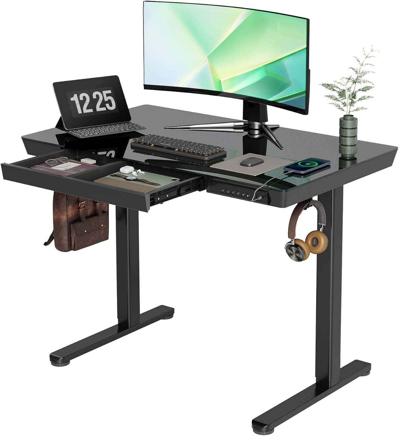 image:imageClaiks Glass Standing Desk with Drawers 4824 Inch Adjustable Stand Up Desk Quick Install Home Office Computer Desk with USB Ports WhiteBlack