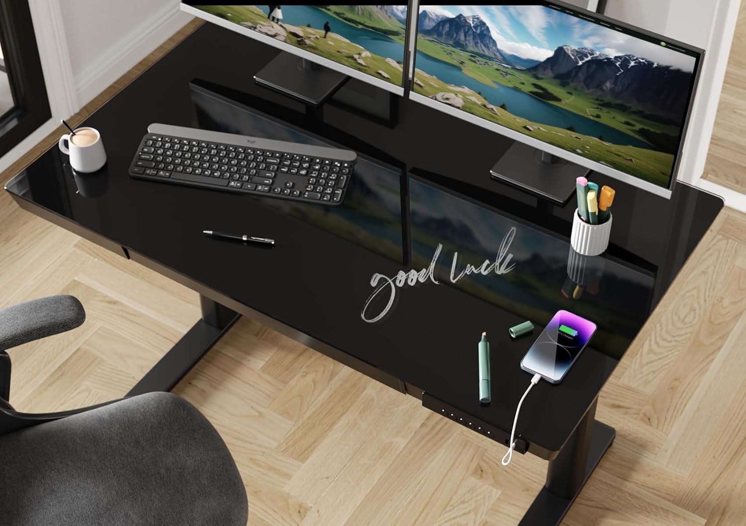 image:imageClaiks Glass Standing Desk with Drawers 4824 Inch Adjustable Stand Up Desk Quick Install Home Office Computer Desk with USB Ports WhiteBlack