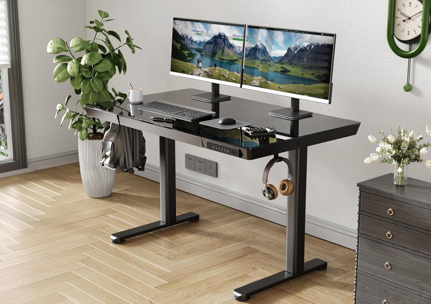 image:imageClaiks Glass Standing Desk with Drawers 4824 Inch Adjustable Stand Up Desk Quick Install Home Office Computer Desk with USB Ports WhiteBlack