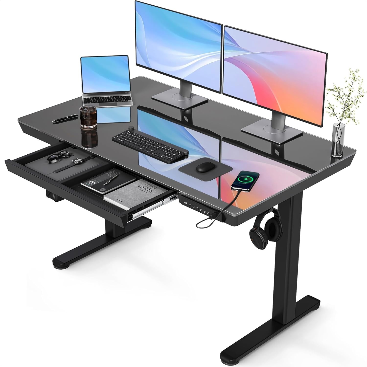 image:imageClaiks Glass Standing Desk with Drawers 4824 Inch Adjustable Stand Up Desk Quick Install Home Office Computer Desk with USB Ports WhiteBlack