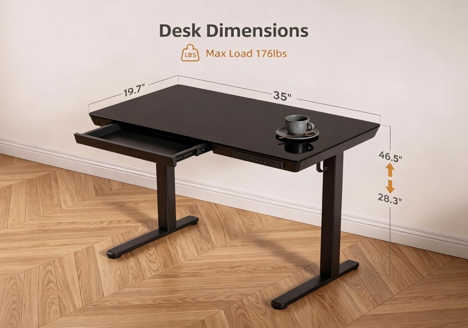 image:imageClaiks Glass Standing Desk with Drawers 4824 Inch Adjustable Stand Up Desk Quick Install Home Office Computer Desk with USB Ports WhiteBlack