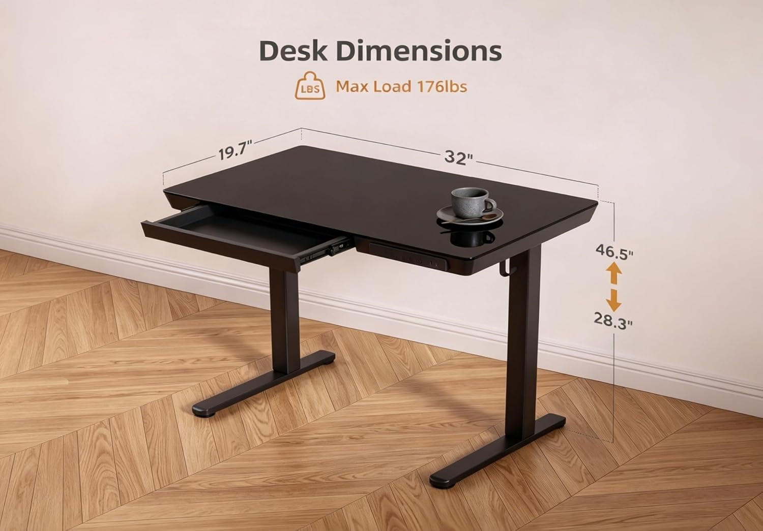image:imageClaiks Glass Standing Desk with Drawers 4824 Inch Adjustable Stand Up Desk Quick Install Home Office Computer Desk with USB Ports WhiteBlack