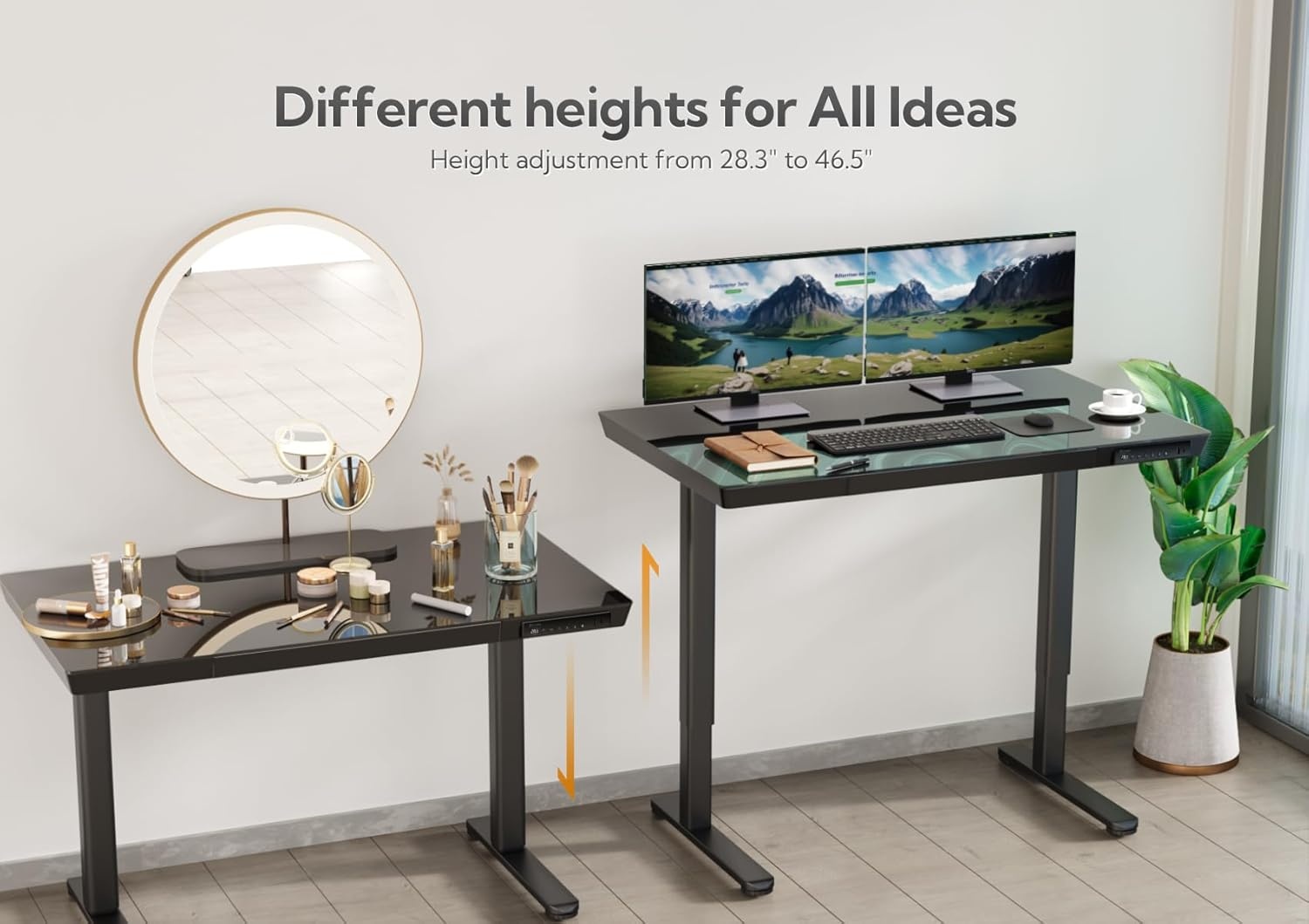 image:imageClaiks Glass Standing Desk with Drawers 4824 Inch Adjustable Stand Up Desk Quick Install Home Office Computer Desk with USB Ports WhiteBlack