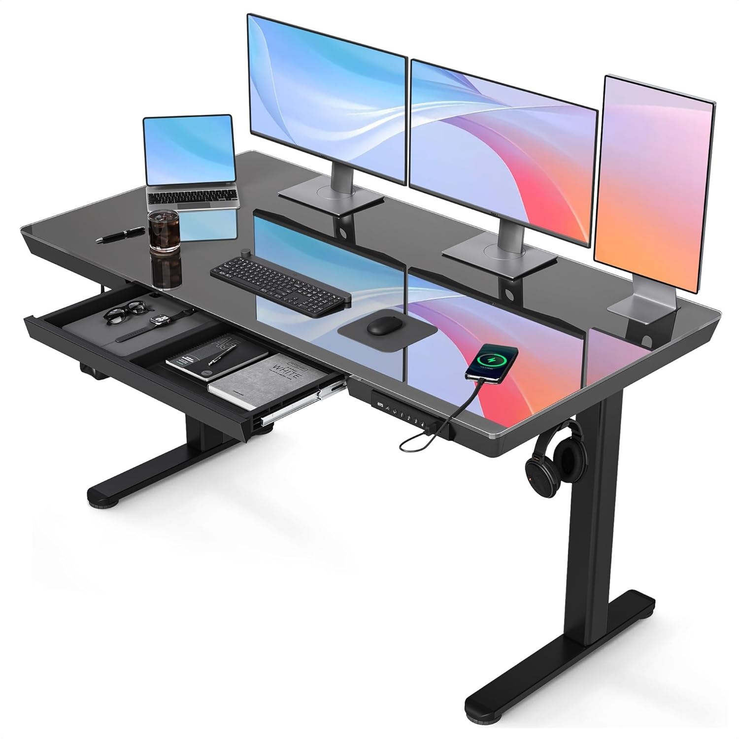 image:imageClaiks Glass Standing Desk with Drawers 4824 Inch Adjustable Stand Up Desk Quick Install Home Office Computer Desk with USB Ports WhiteBlack