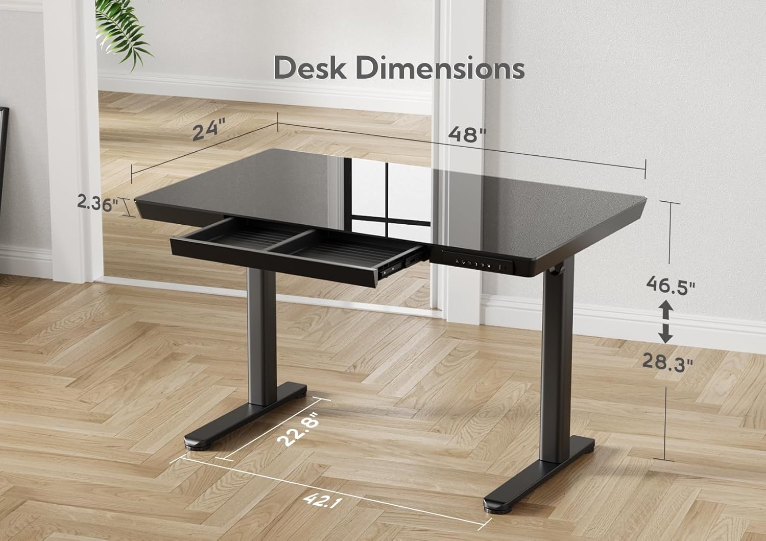 image:imageClaiks Glass Standing Desk with Drawers 4824 Inch Adjustable Stand Up Desk Quick Install Home Office Computer Desk with USB Ports WhiteBlack
