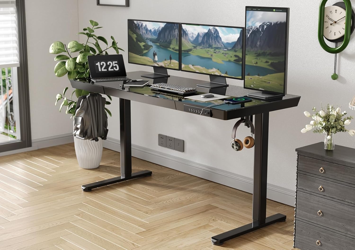 image:imageClaiks Glass Standing Desk with Drawers 4824 Inch Adjustable Stand Up Desk Quick Install Home Office Computer Desk with USB Ports WhiteBlack