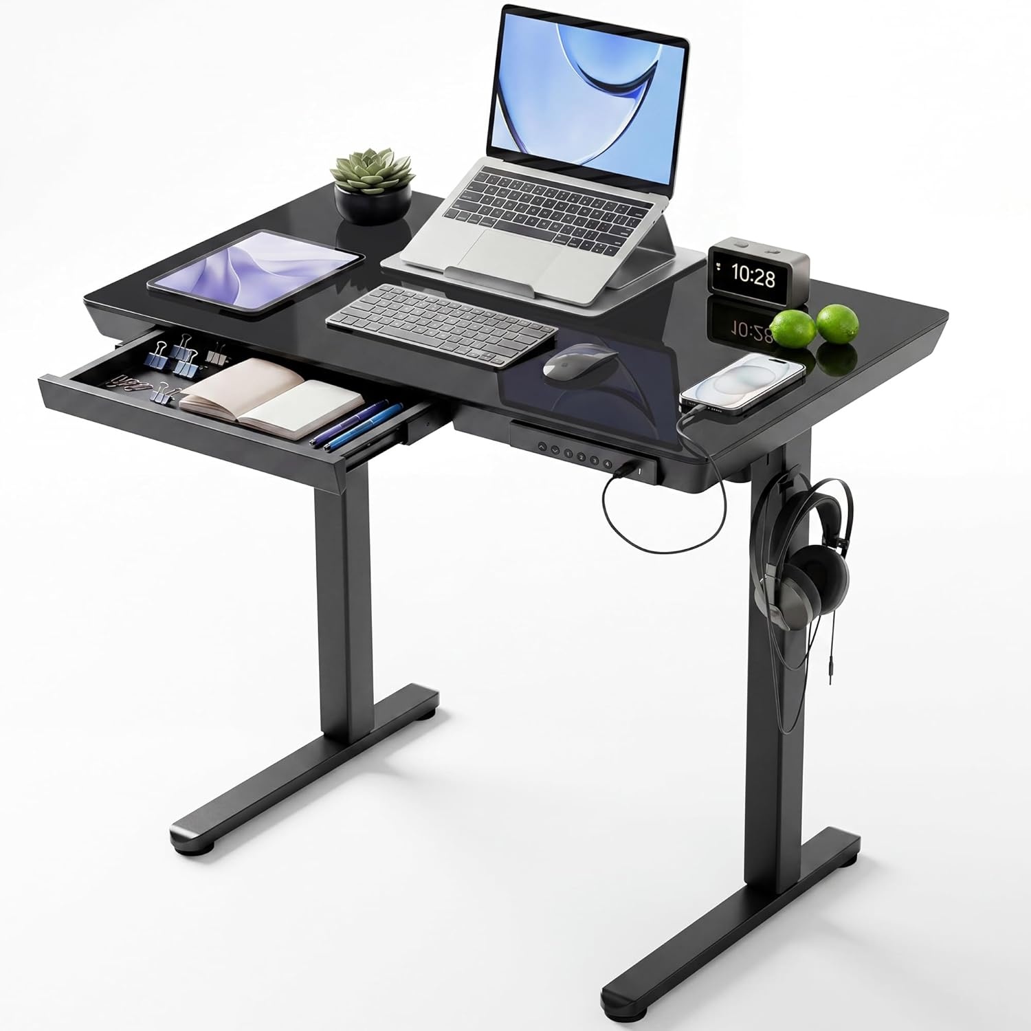 image:imageClaiks Glass Standing Desk with Drawers 4824 Inch Adjustable Stand Up Desk Quick Install Home Office Computer Desk with USB Ports WhiteBlack