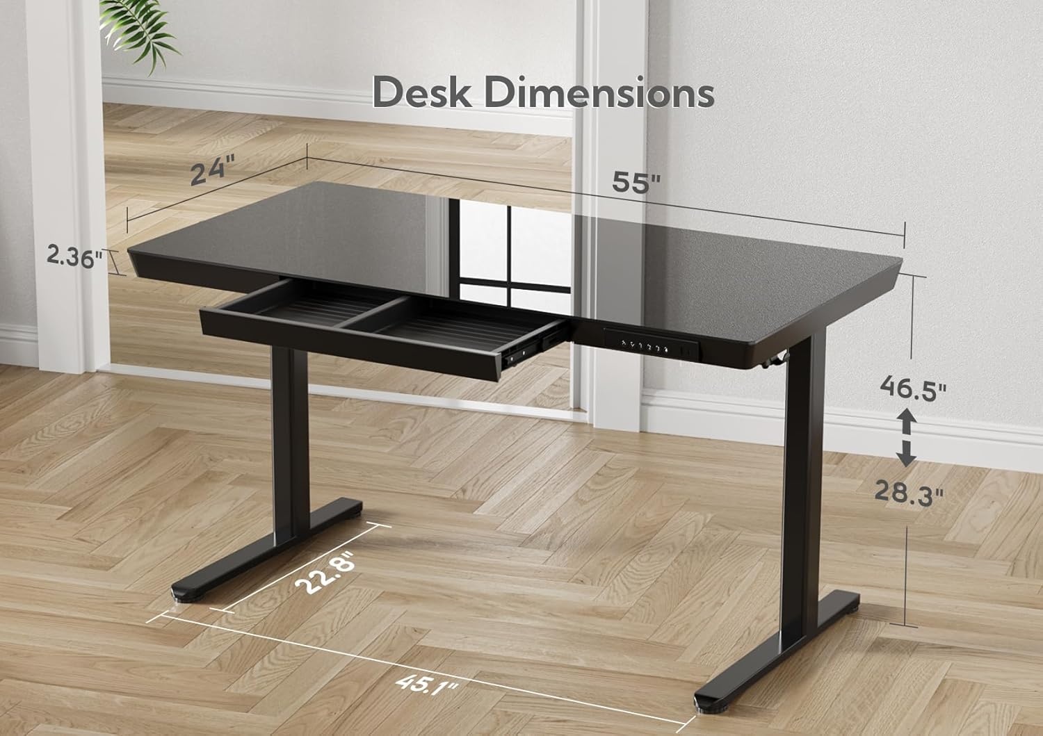 image:imageClaiks Glass Standing Desk with Drawers 4824 Inch Adjustable Stand Up Desk Quick Install Home Office Computer Desk with USB Ports WhiteBlack