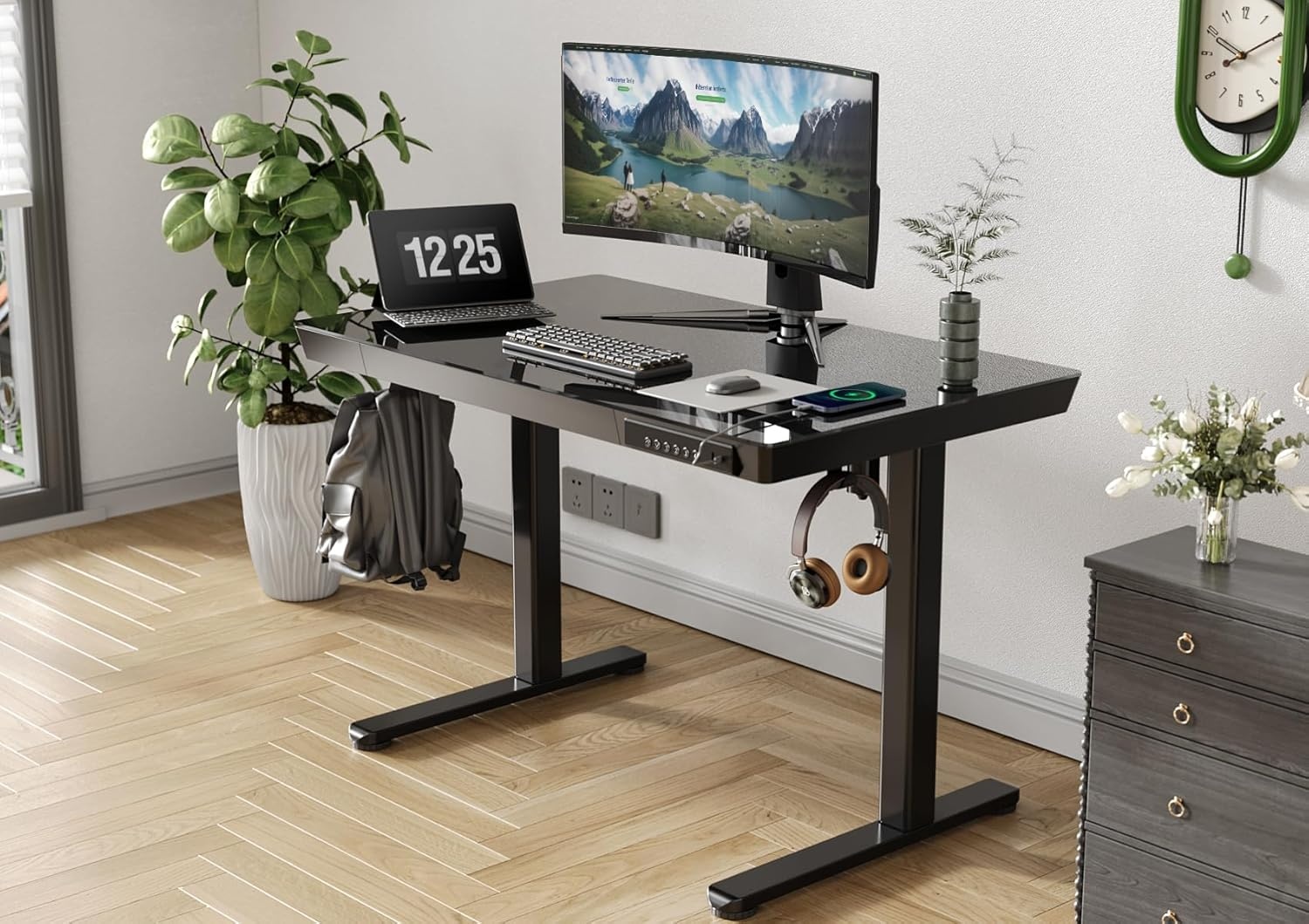 image:imageClaiks Glass Standing Desk with Drawers 4824 Inch Adjustable Stand Up Desk Quick Install Home Office Computer Desk with USB Ports WhiteBlack
