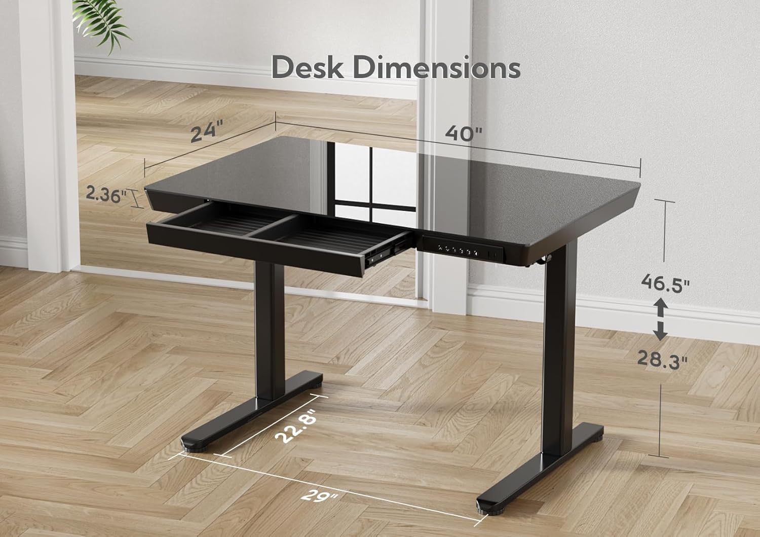 image:imageClaiks Glass Standing Desk with Drawers 4824 Inch Adjustable Stand Up Desk Quick Install Home Office Computer Desk with USB Ports WhiteBlack